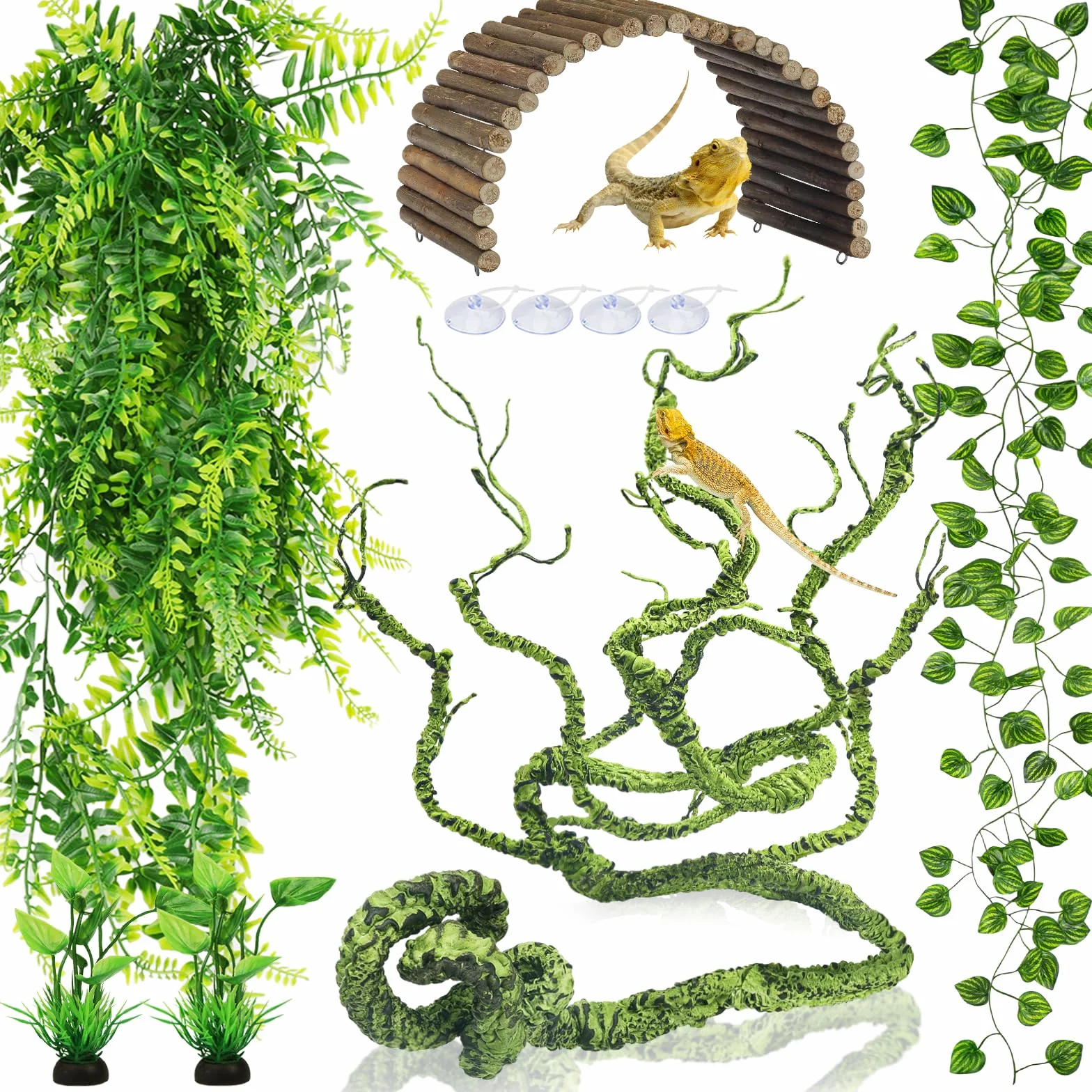 QUOZUO Accessoires pour aquarium de dragon barbu, terrarium à suspendre, feuilles artificielles pour reptiles
