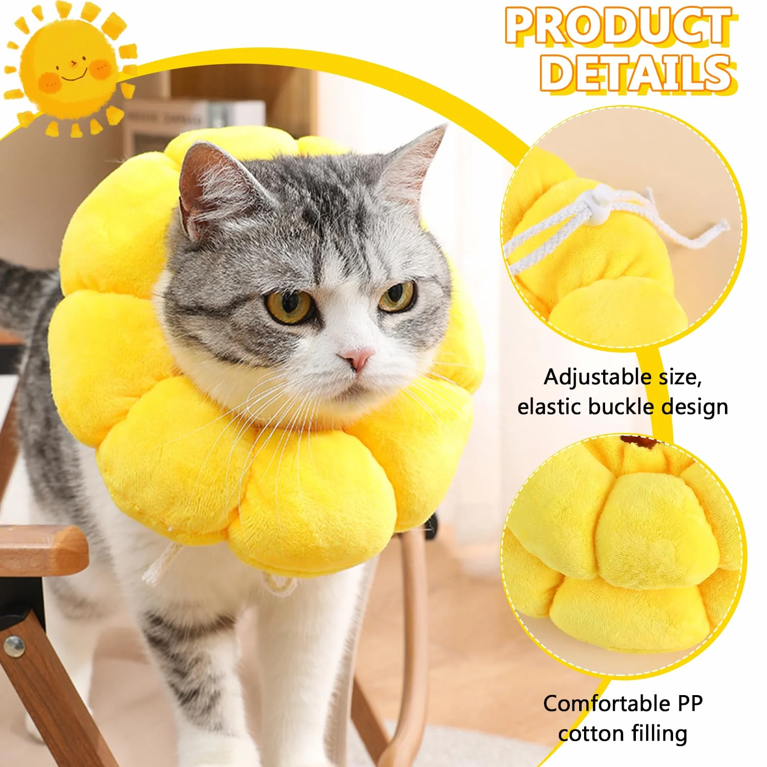 Collerette Chat Anti Léchage Ajustable Tournesol Doux Confortable Jaune L