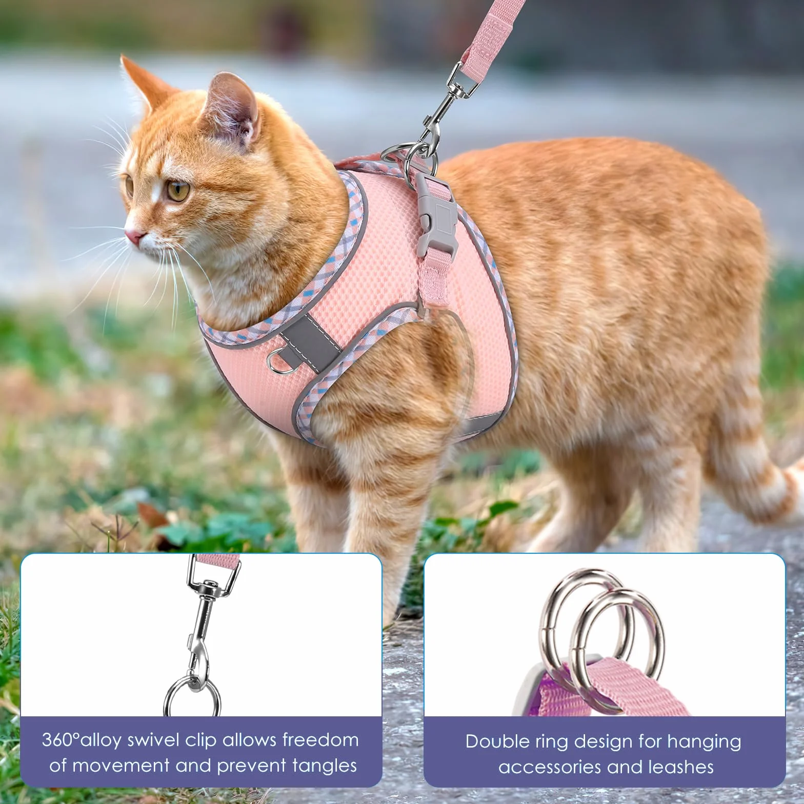 Harnais pour Chat Réglable Anti-Évasion Réfléchissant Respirant avec Laisse, XXS, Rose