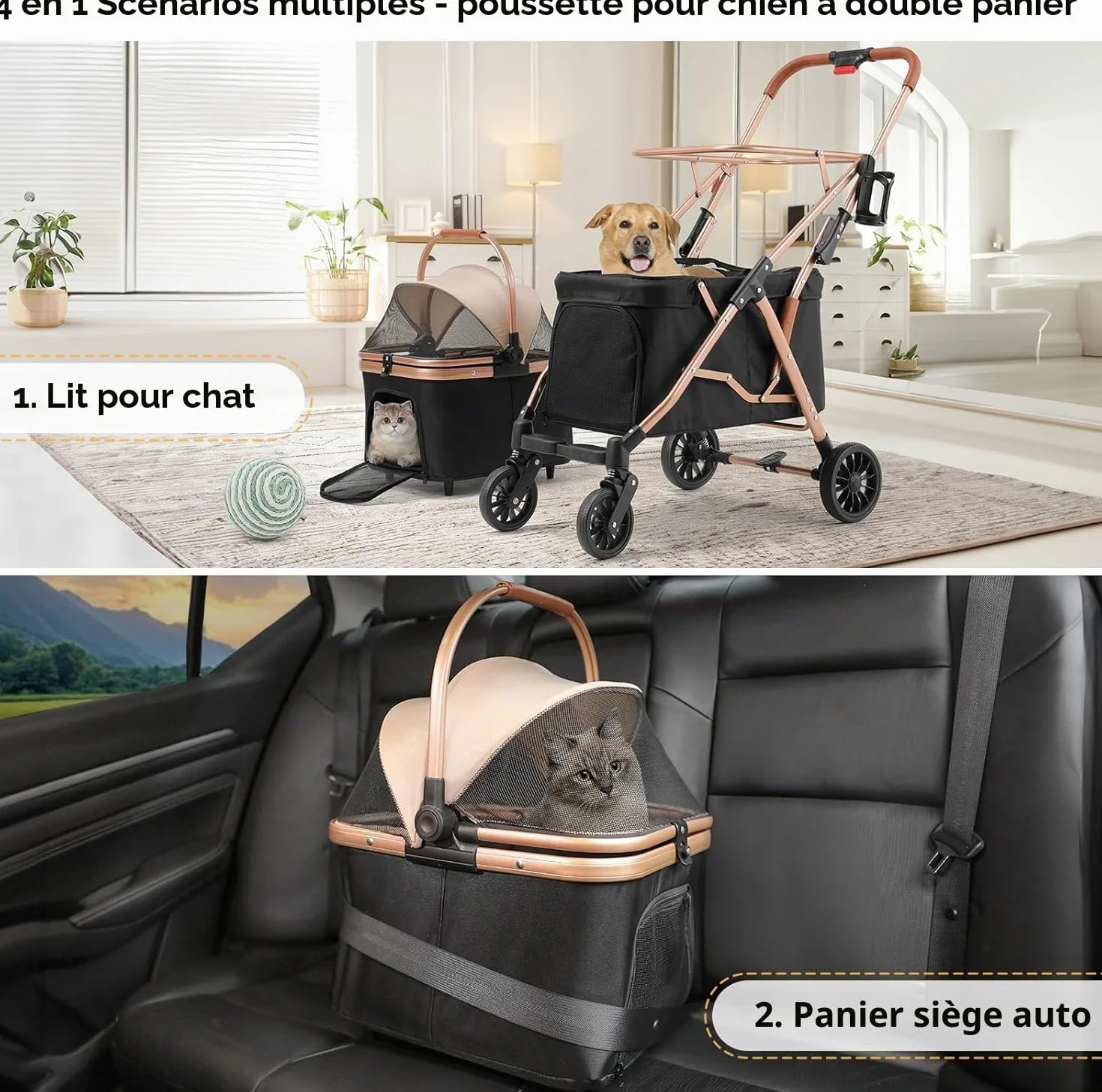 MAMIZO Poussette Double pour Chien, Pliable Poussette pour 2 Animaux Jusqu'à 15 kg, Transporteur pour Chats avec Coussins et Porte-gobelet, sac de Transport pour Cage pour Chien, 4 PCS Roues, Noir