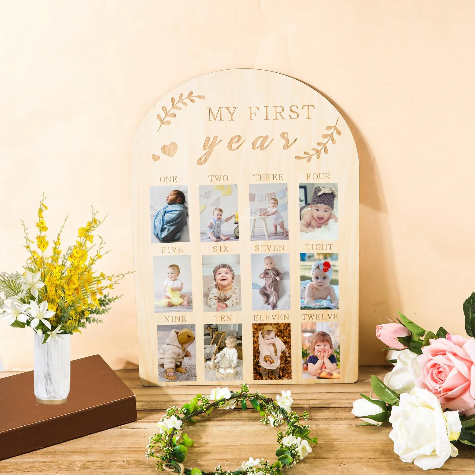 Cadre Photo Bébé My First Year 12 Mois en Bois Personnalisé pour Décorations de Chambre d'Enfant
