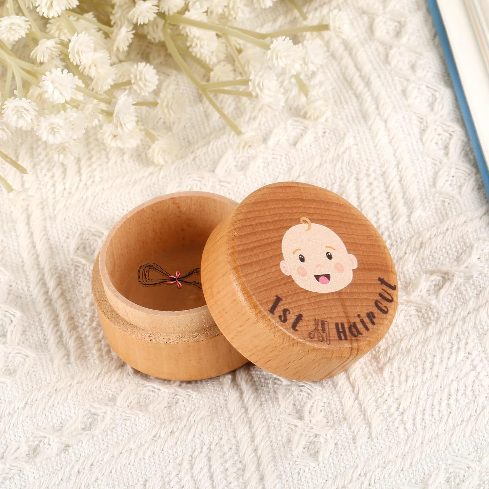 Boîte à Souvenirs pour Premiers Cheveux de Bébé en Bois, Cadeau d'Anniversaire Fête Prénatale