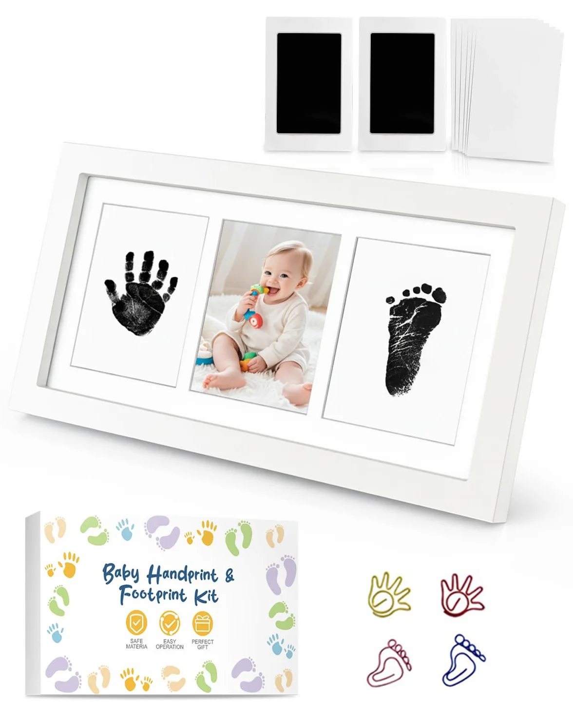 Kit Empreinte Bébé Main et Pied avec Cadre Photo, 2 Tampons Encreurs, 6 Cartes, 4 Clips, Cadeau Baby Shower (Blanc)