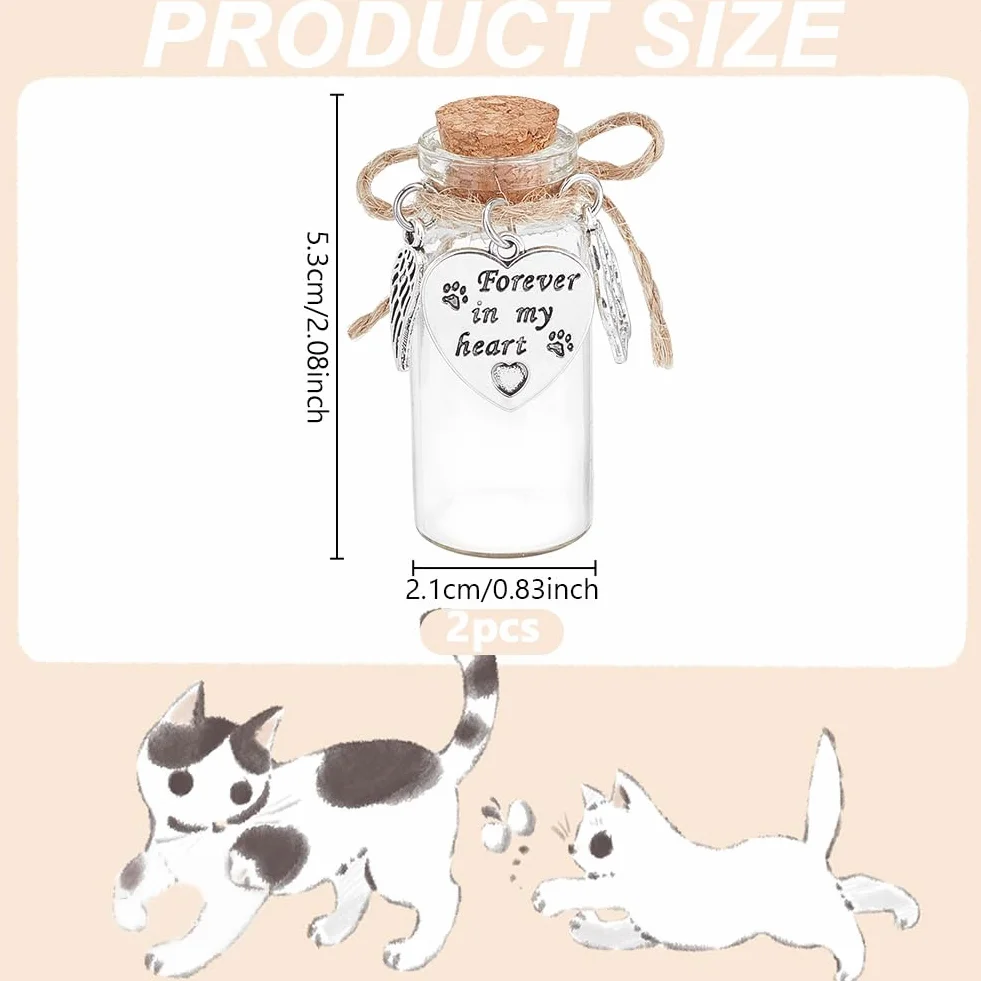Bouteille Commémorative en Verre pour Poils d'Animaux de Compagnie Tube en Verre Bouteille à Souhaits avec Pendentifs en Forme de Cœur et Bouchon en Liège Souvenir pour Chien et Chat Urne