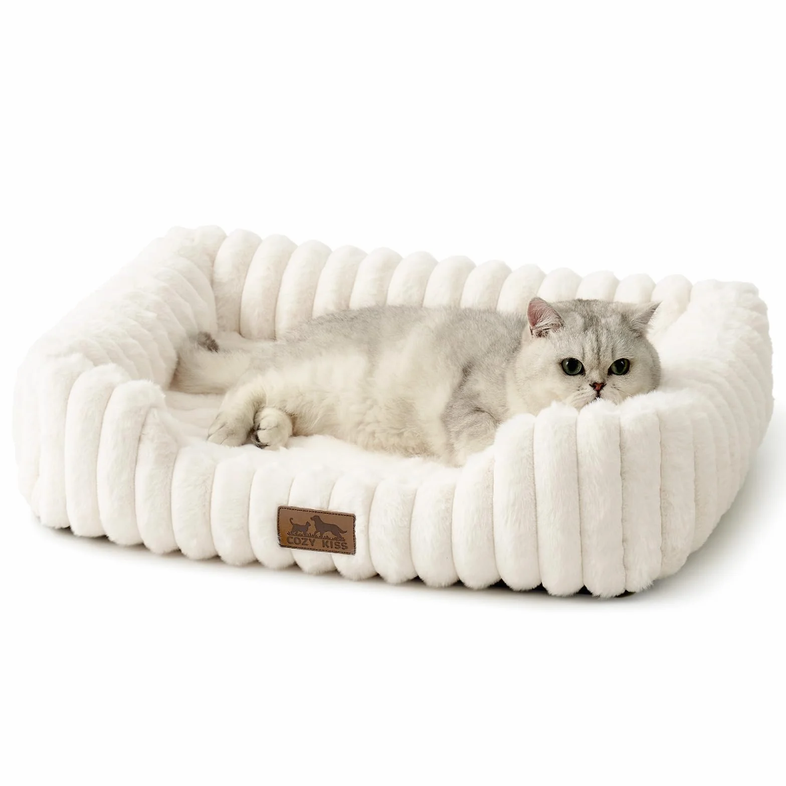 COZY KISS Panier Orthopédique pour Chat Lavable en Fausse Fourrure 64x53x15cm Beige