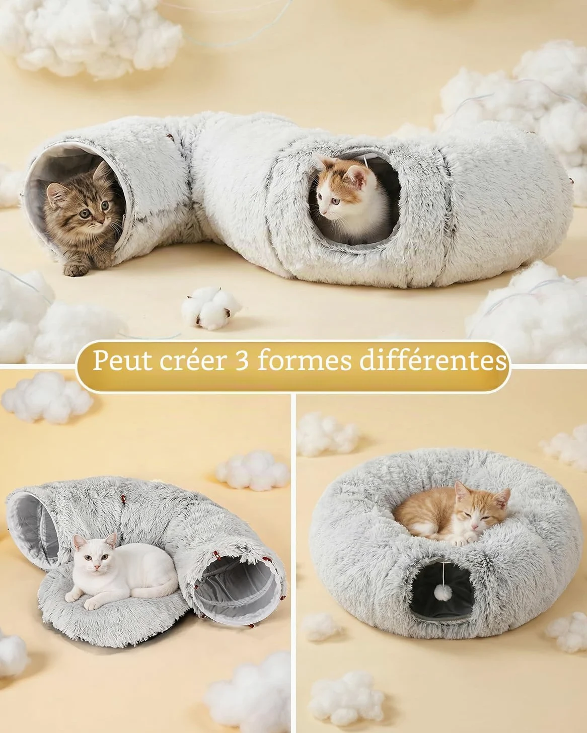 Odoland Tunnel Chat avec lit Coussin, Multifonctionnel Tunnel pour Chat Donut Interieur avec Jouets-Gris