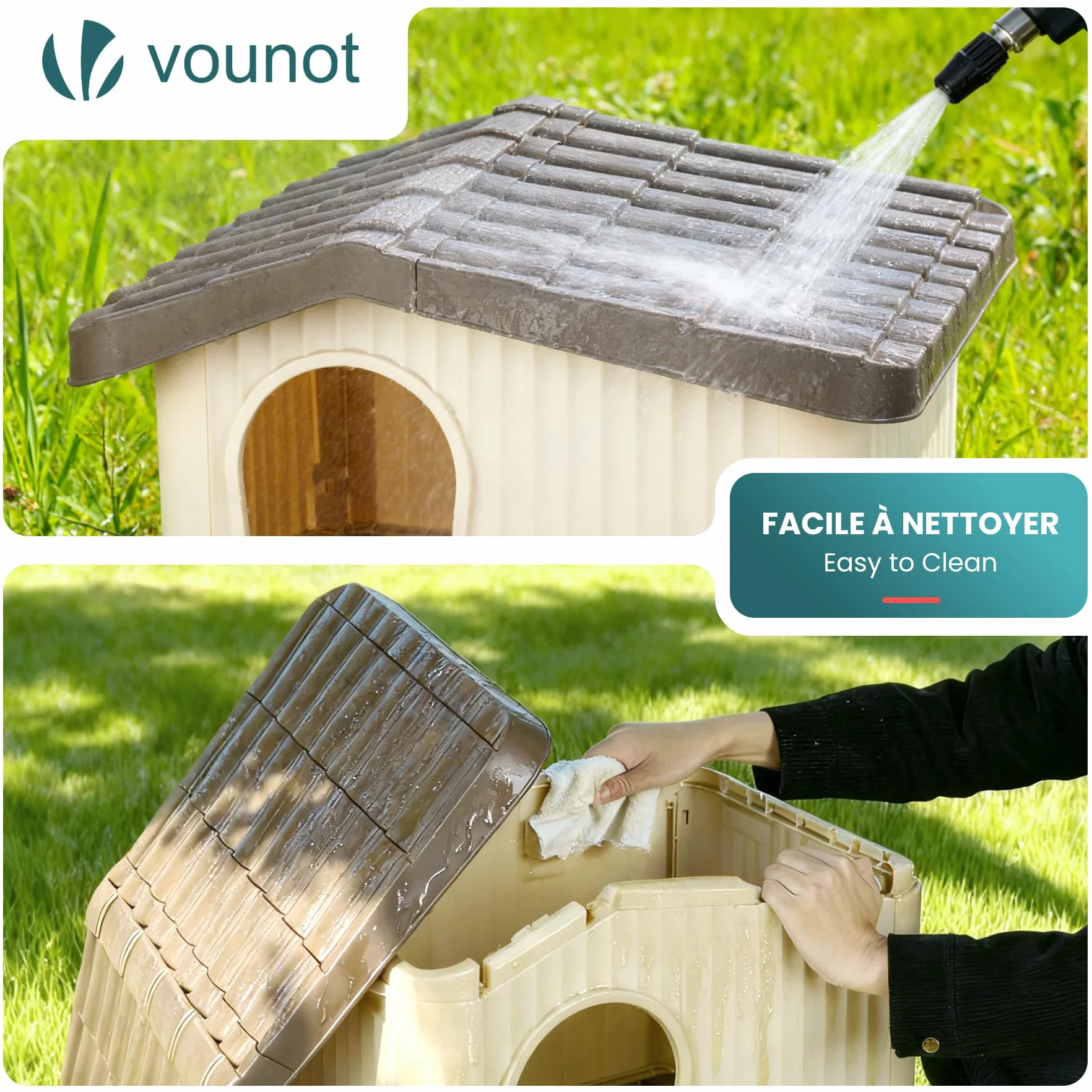 VOUNOT® Maison pour Chat Imperméable 60x51x41cm Niche Extérieur Intérieur avec Toit Incliné Aération Pieds Antidérapants Beige