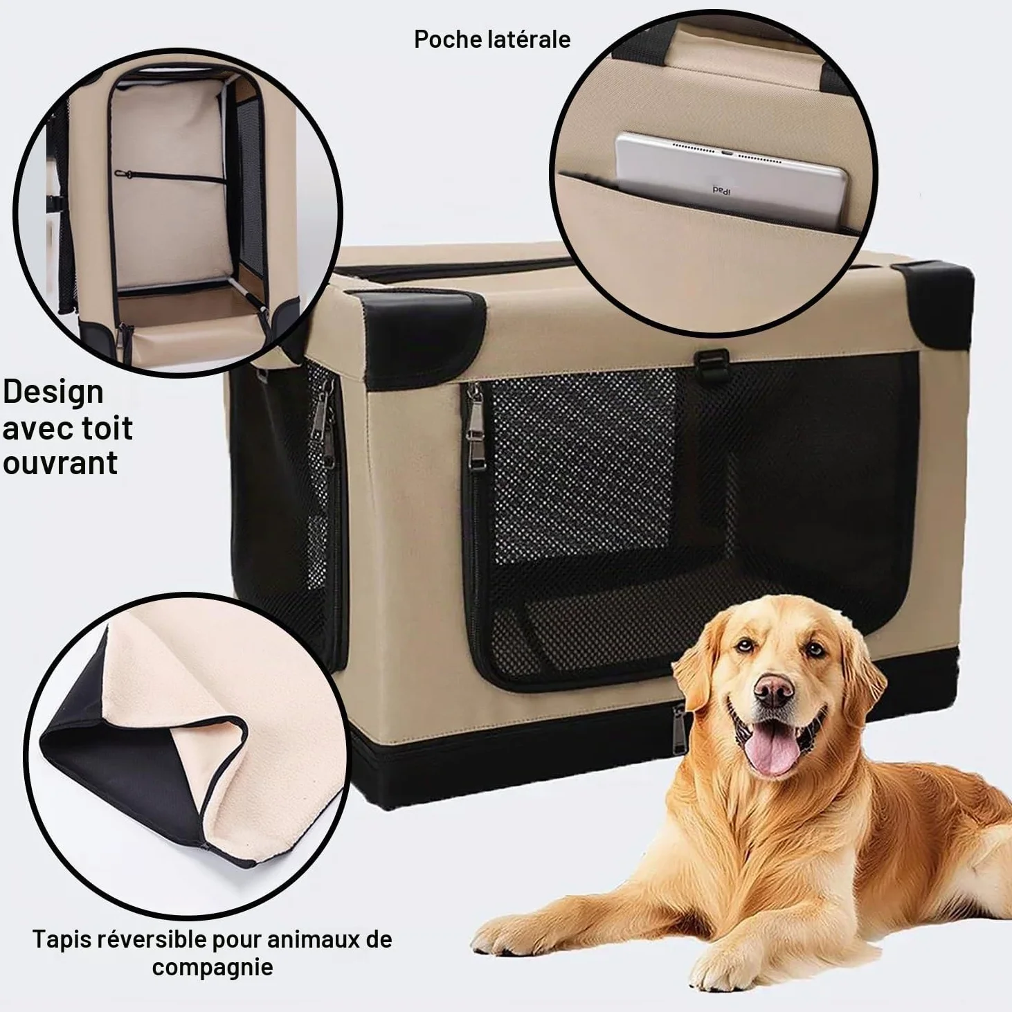 Caisse de Transport pour Chien,Cage Transport Chien,Manchon en Tissu Réglable,Enêtres en Maille Résistante à la Mastication, Utilisation en Intérieur/Extérieur, Pliable (82x59x59 cm)