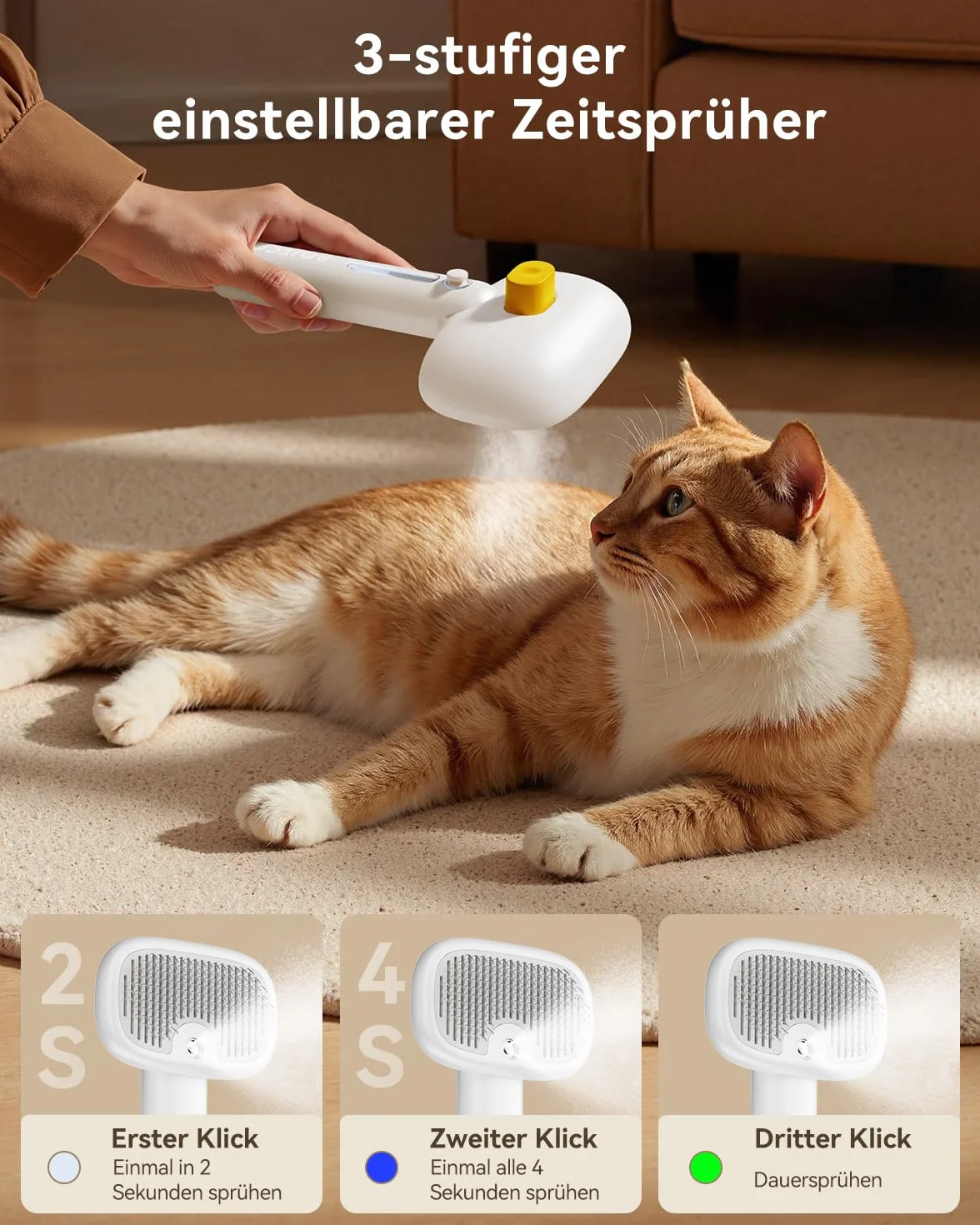 ROJECO Brosse pour chat vapeur 3 en 1 anti-sous-poils nœuds auto-nettoyage 3 modes pulvérisation poils longs courts chiens