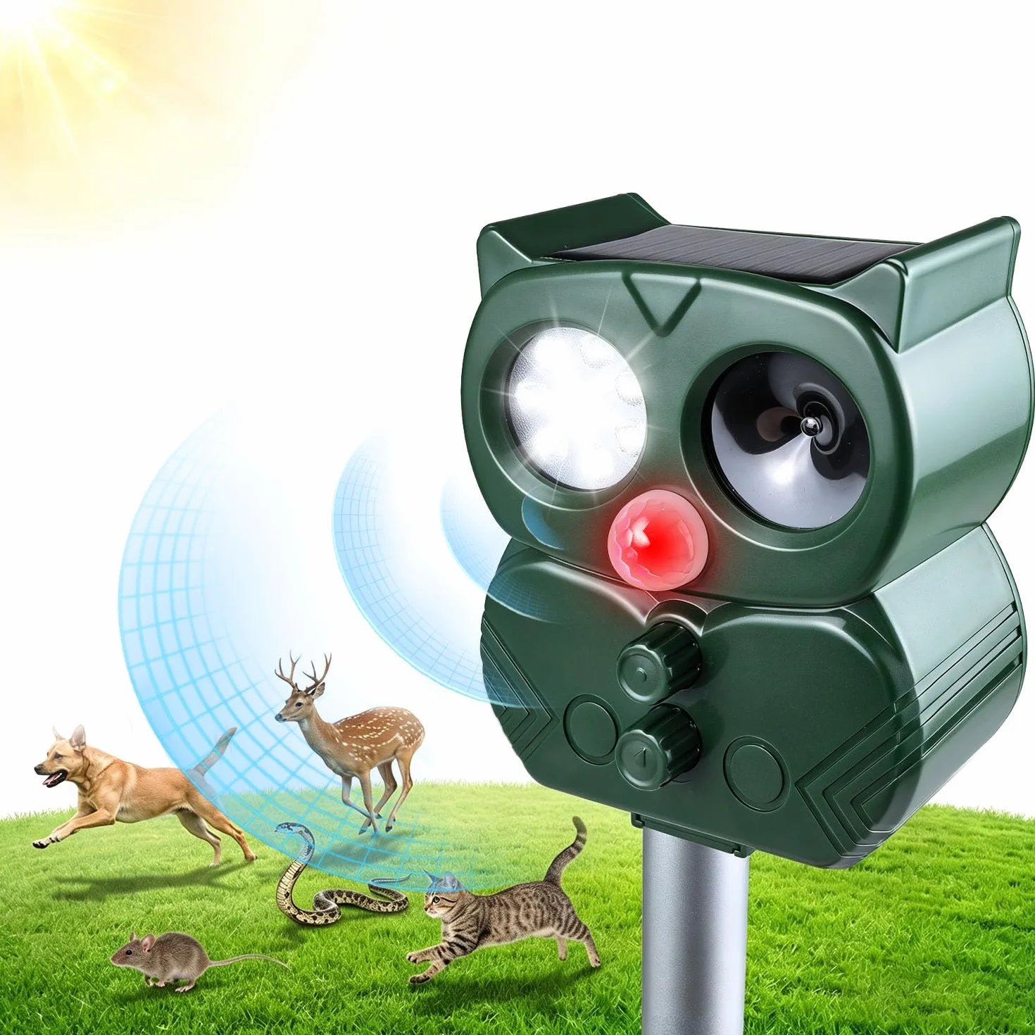 Répulsif Chat Extérieur Ultrason Solaire & USB, 5 Modes Réglables, IP65 Étanche pour Jardin Terrasse