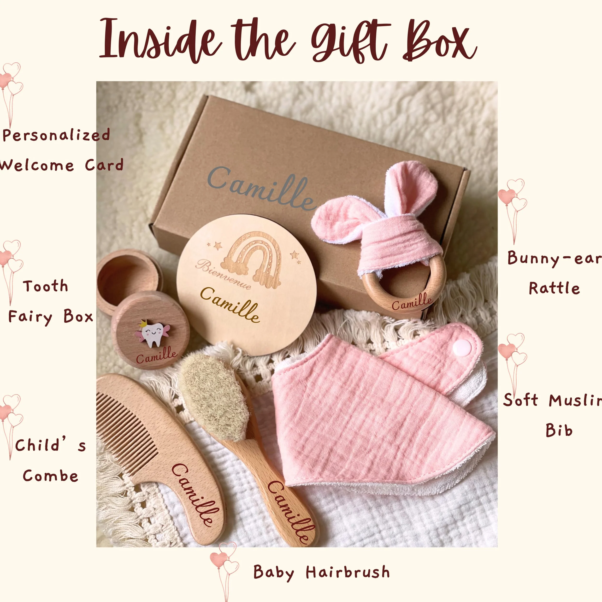 Coffret de Naissance Personnalisé Cadeau Bébé Fille Garçon Boîte Souvenir Prénom Gravé Rose