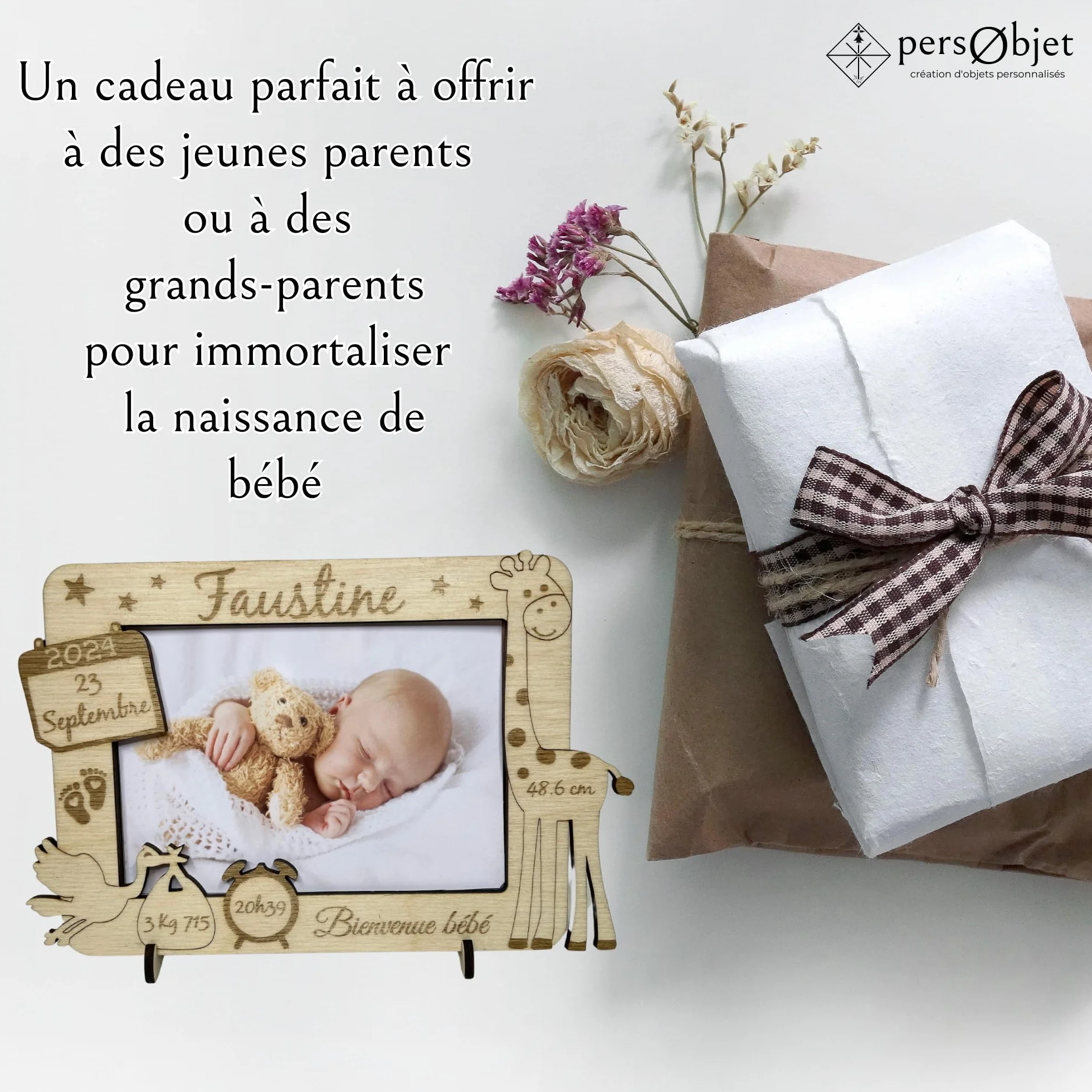 Cadre Photo Naissance Bois Personnalisable Girafe - Souvenir Bébé - Idée Cadeau Naissance Personnalisé - Décoration Chambre Bébé