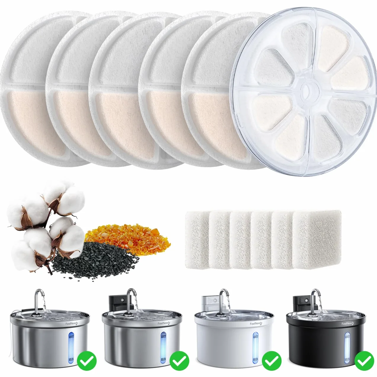 FEELNEEDY 6pcs Filtres de Rechange + Boîtier Filtre ABS + Éponge Pompe à Eau pour Fontaine à Chat FN-W08/W08L