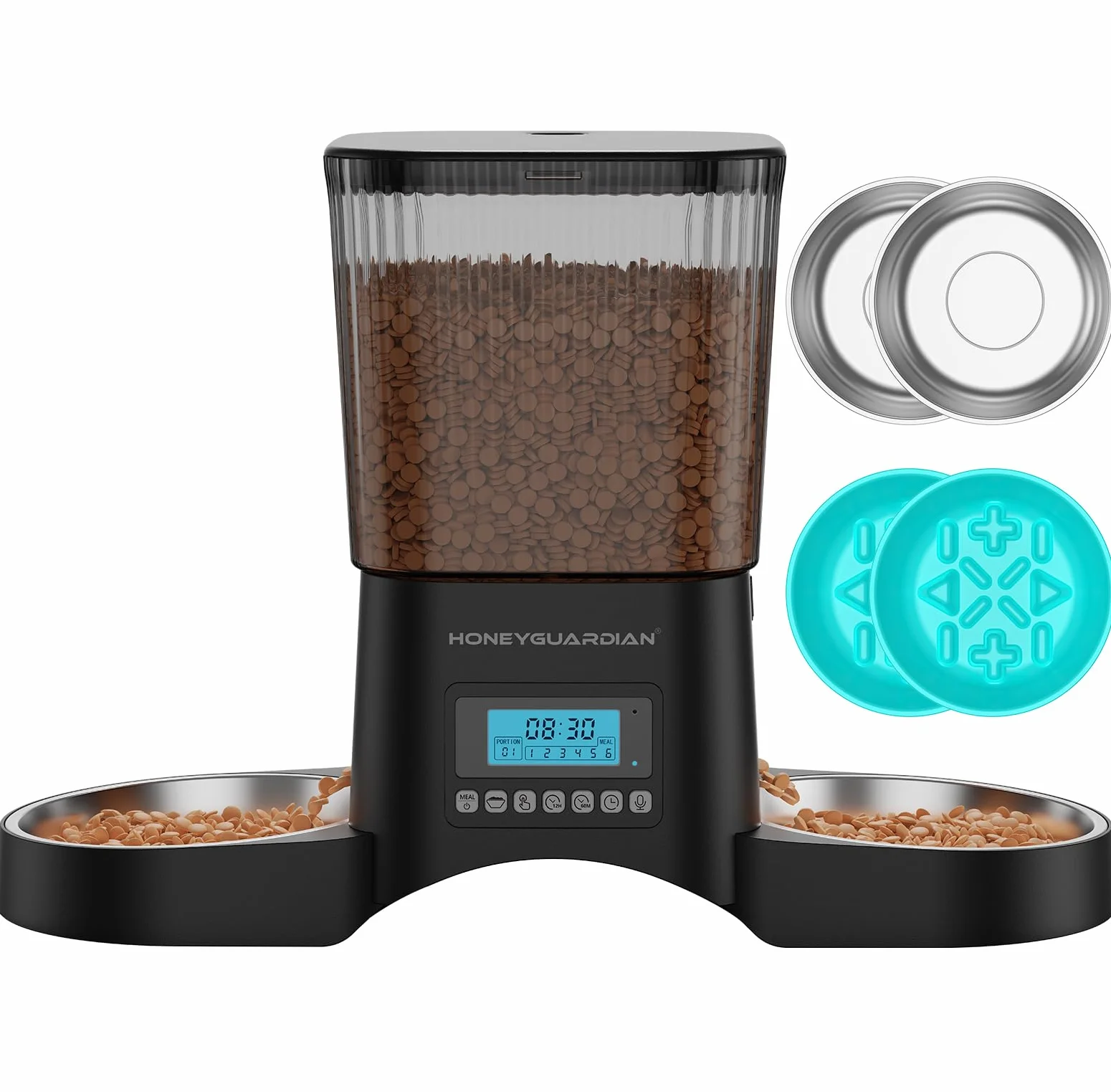 HoneyGuaridan Distributeur Croquettes Chat Automatique 3.5L 2 Bols avec Minuterie Programmable