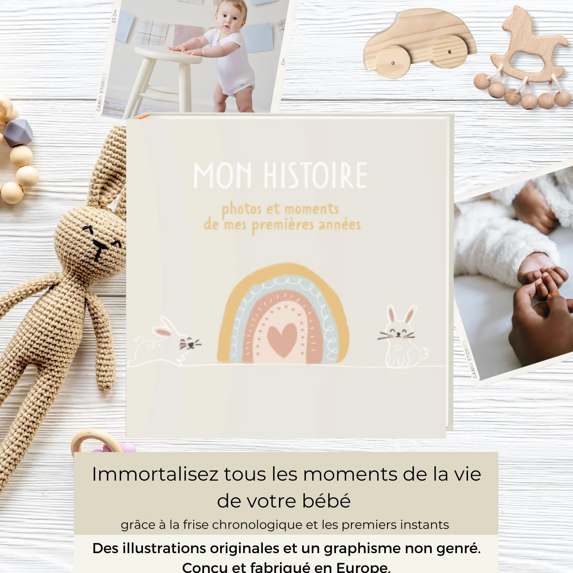 Livre de Naissance pour Coller des Photos et Écrire 50 Pages Autocollants Album Photo Bebe Première Année jusqu'à 5 Ans Beige Français