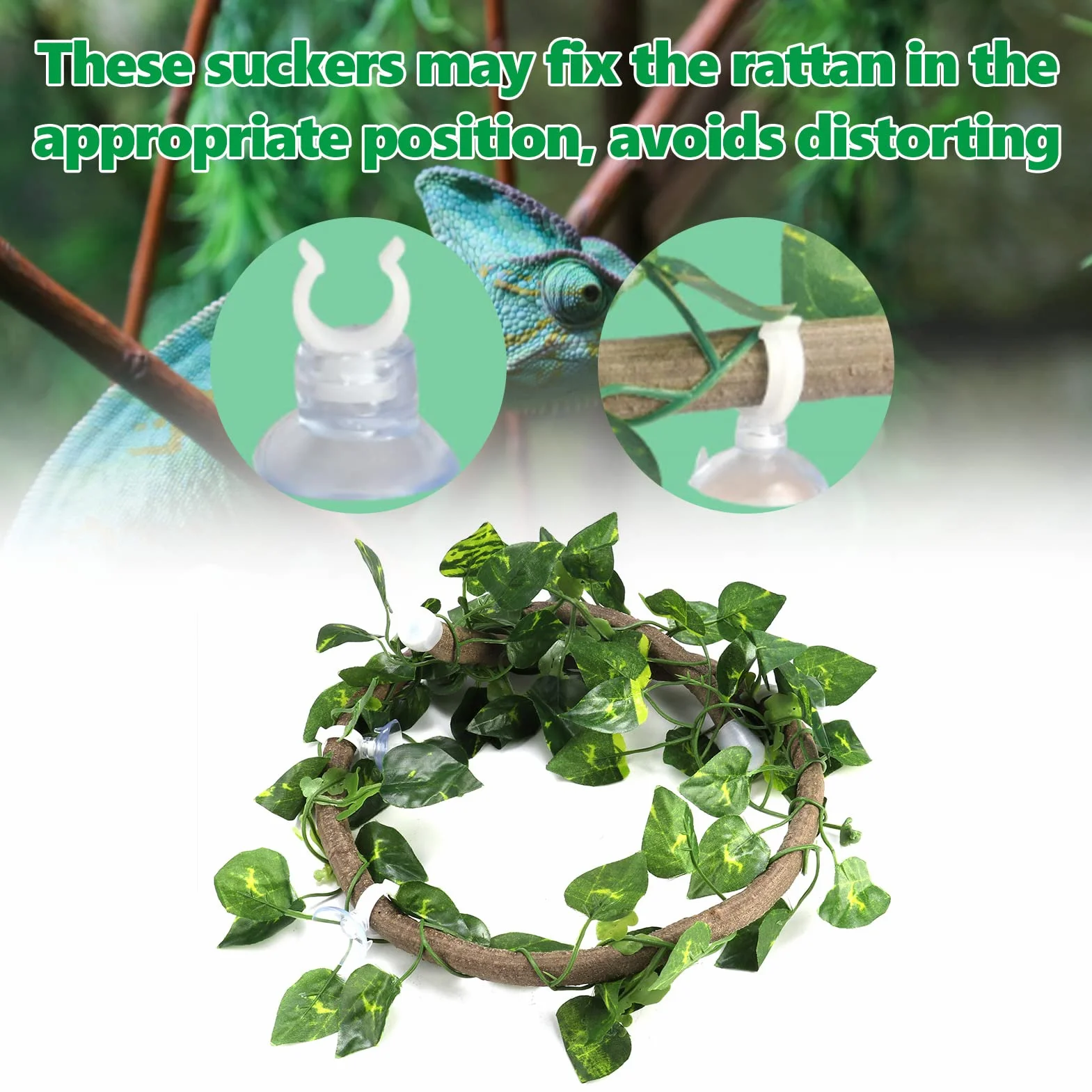 Vignes de Reptiles Artificielles avec Ventouses, Branche d'escalade en Rotin Flexible, 3,28 Pieds avec Feuilles de Scindapsus, pour Serpents