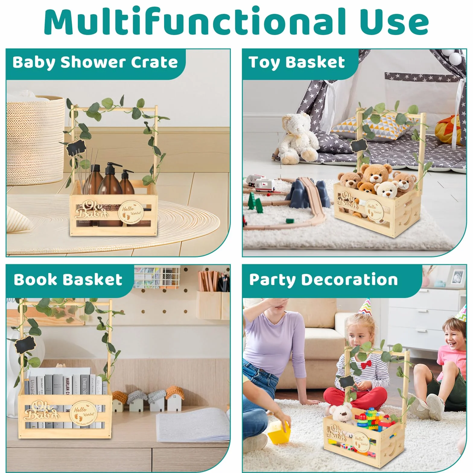 Panier Cadeau En Bois avec Poignée, Rangement Bébé 6 Cintres, Caisse en Bois Baby Shower