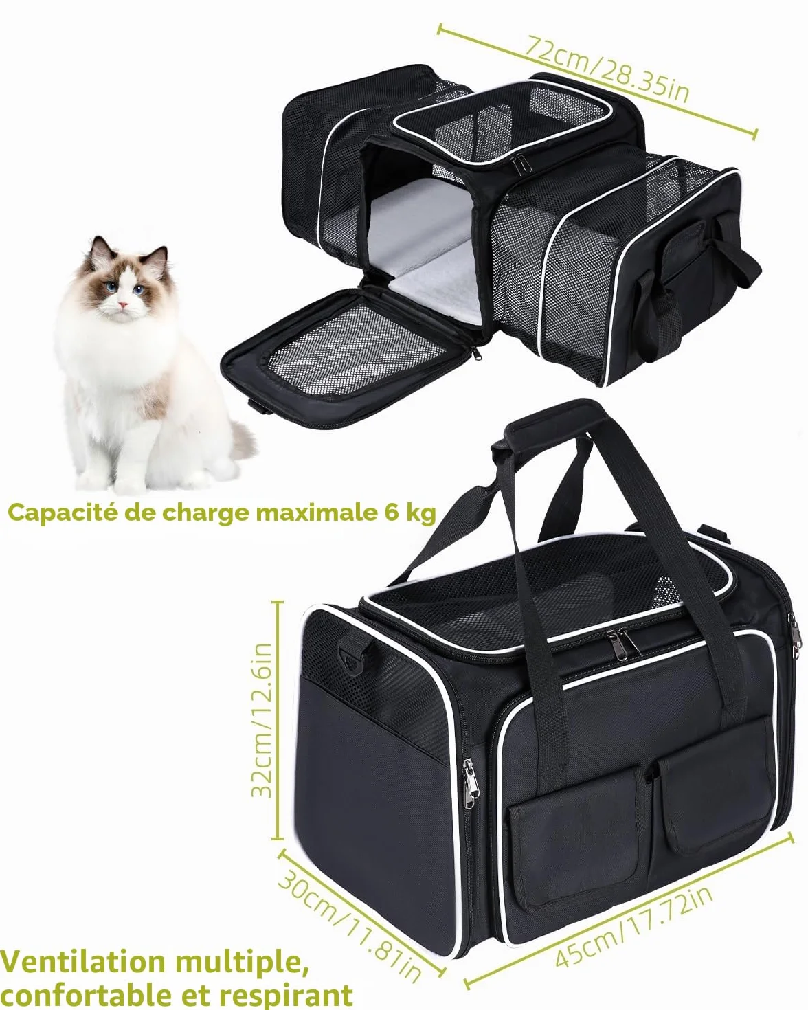 Sac de Transport pour Chat Pliable avec Matelas en Peluche, Poches Latérales, pour Voyage en Avion Train