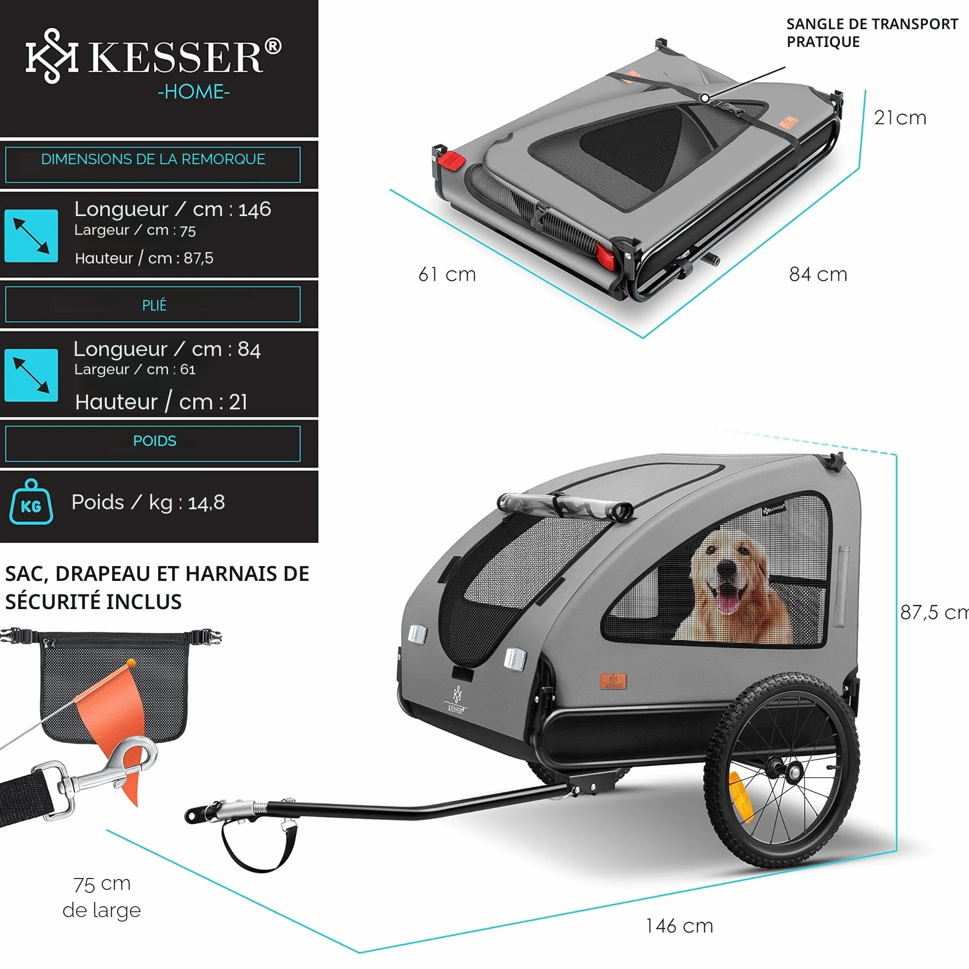 KESSER Chariot pour Chien 2-en-1 Remorque pour Chien Poussette Grand Volume 250 l Pliable Gris Noir