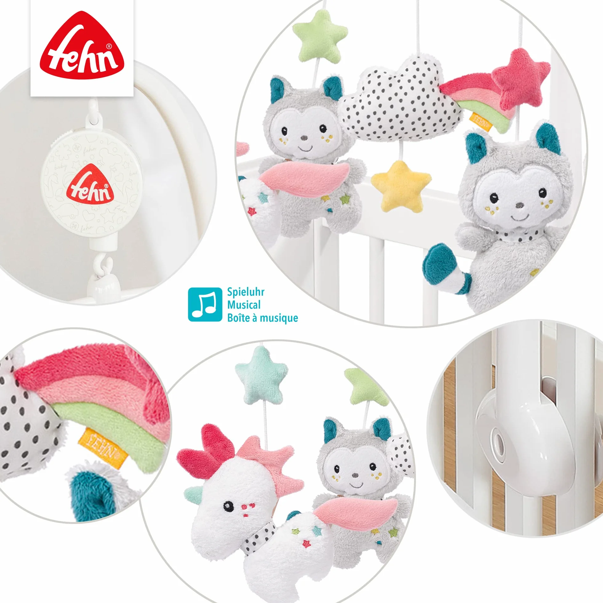 Fehn Aiko et Yuki Mobile musical pour bébé avec animaux mignons Mélodie Berceuse de Mozart – Jouet musical mobile 0-5 mois