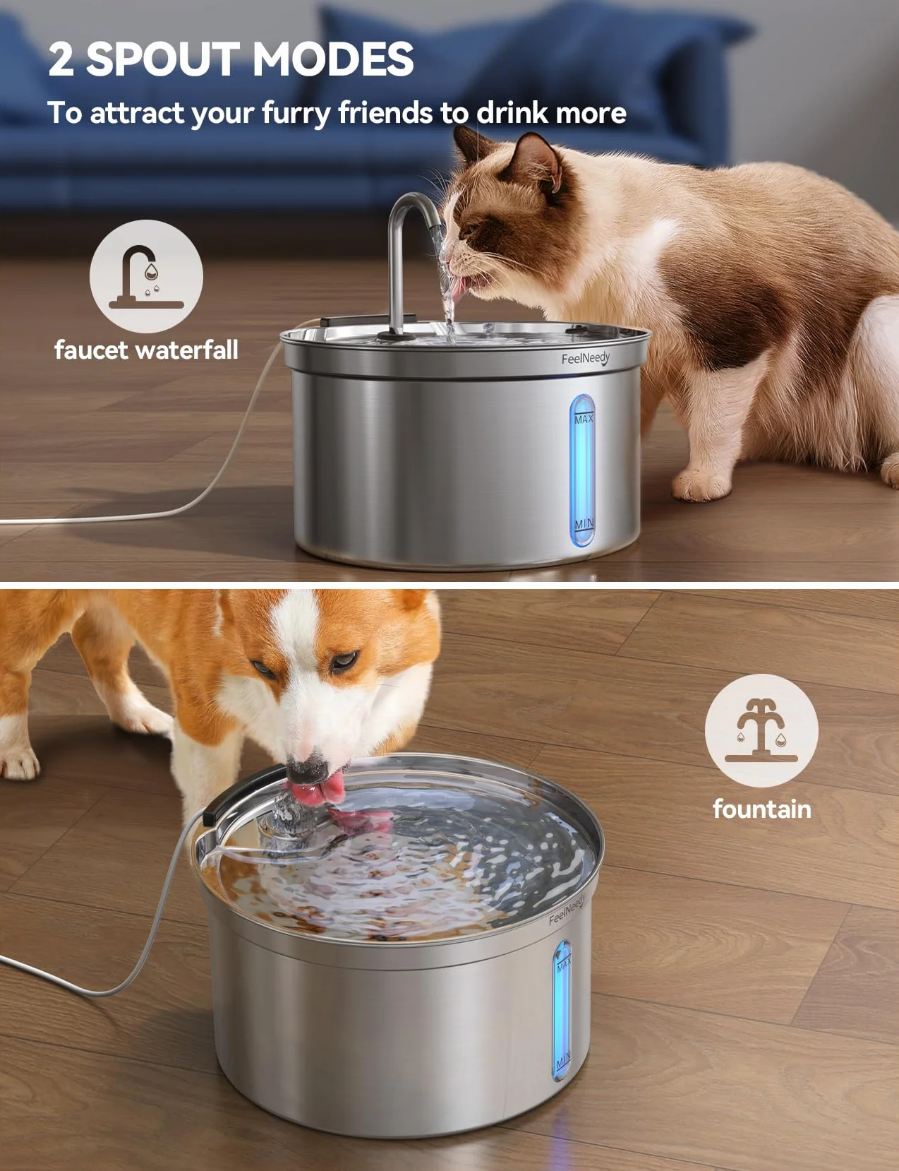 Fontaine à Eau pour Chat en Acier Inoxydable 3,5L Silencieuse avec Robinet et Filtre USB