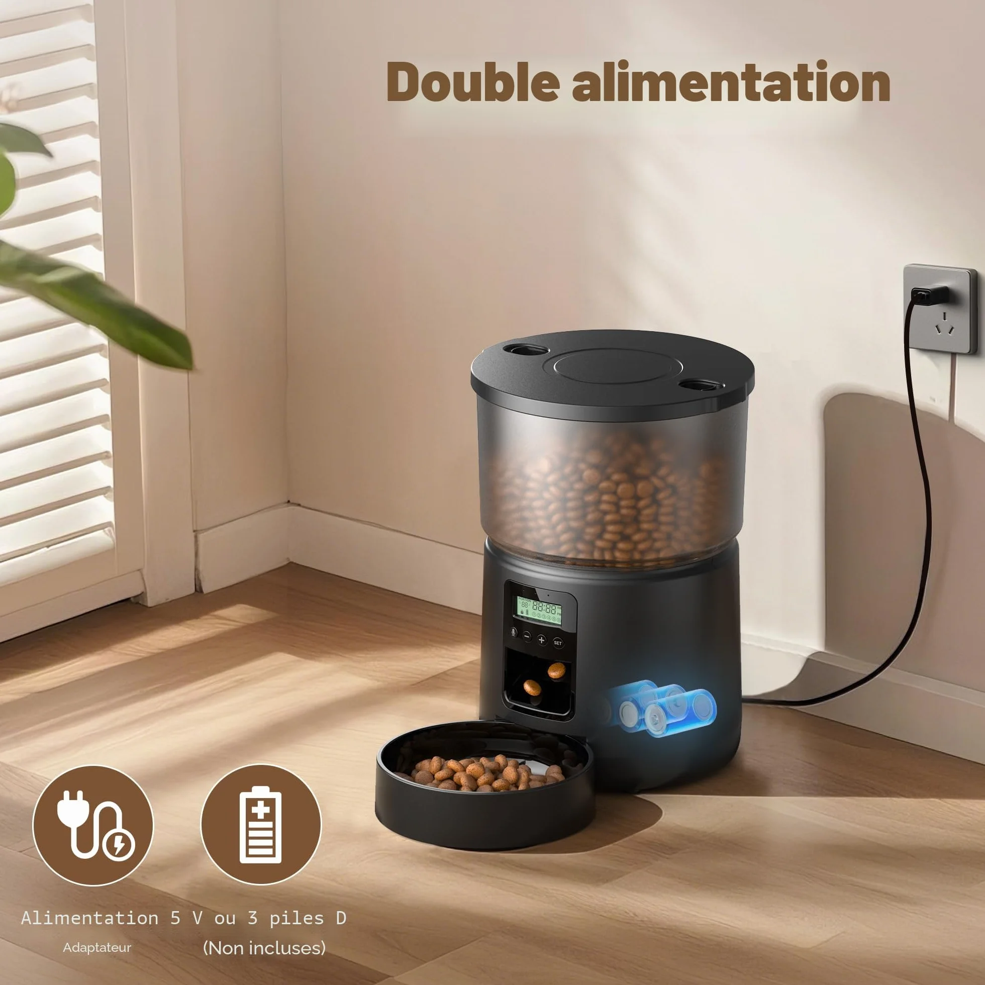 Distributeur Croquettes Chat Automatique Fontaine 2,4L 3L Mangeoire Minuterie Programmable 6 Repas 10S Voix Noir
