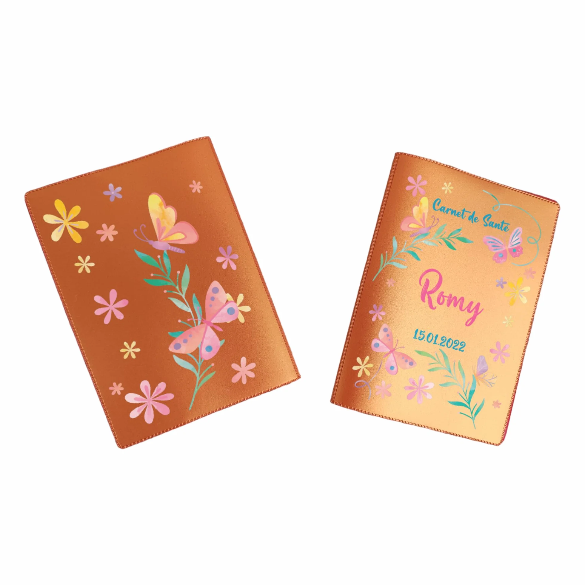 Housse carnet de santé personnalisée Papillons aquarelle Nacré Orange cadeau naissance