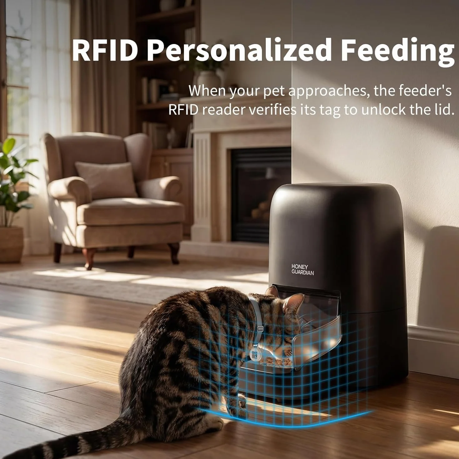 Distributeur Croquettes Chat Automatique RFID WiFi, 4.6L Bol Céramique, Reconnaissance Chat