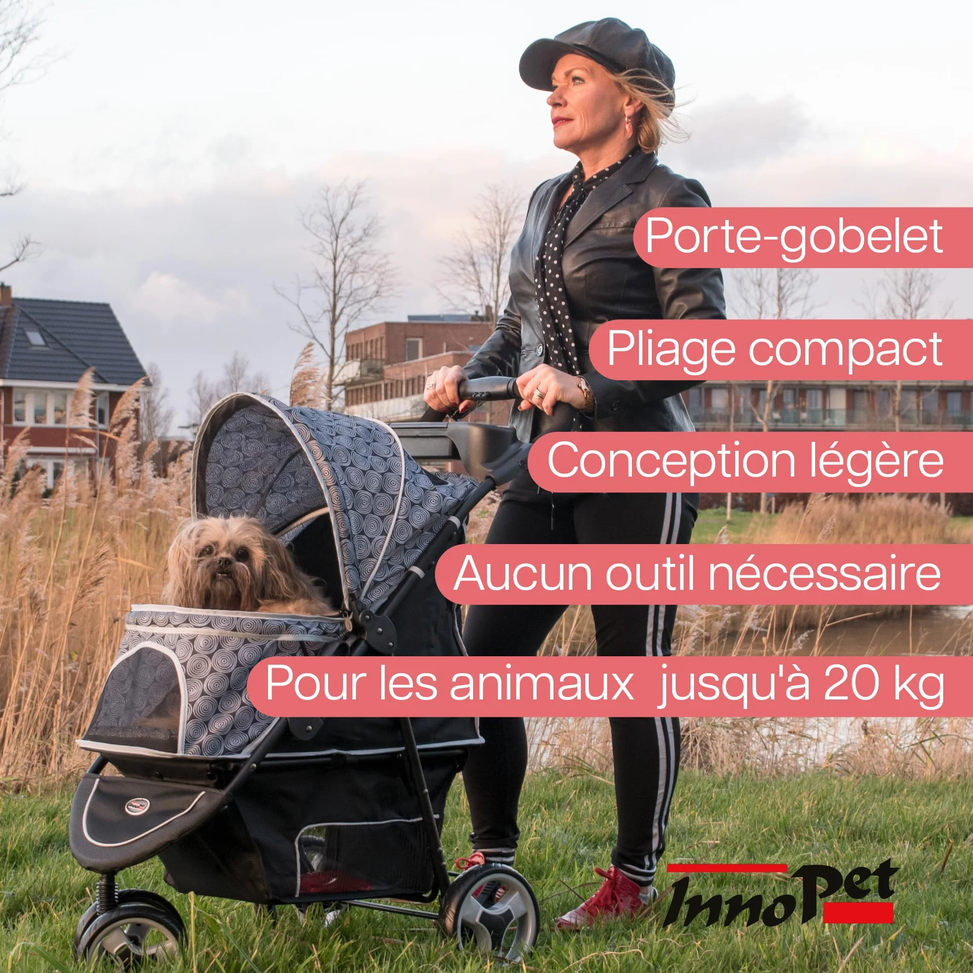 Poussette pour chien Innopet Allure Onyx - Design élégant - Roues pivotantes à 360° - Panier de rangement - Poussette pour animal compacte et pliable