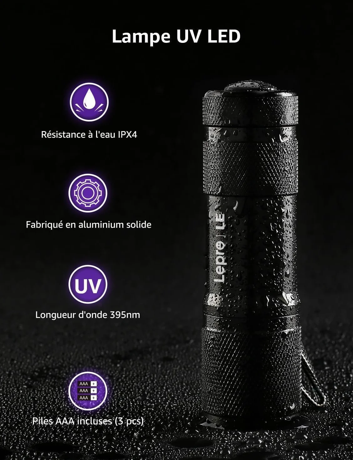 Lepro Lampe UV 395nm LED Lumière Noire Ultraviolet, 3 Piles AAA Fournies