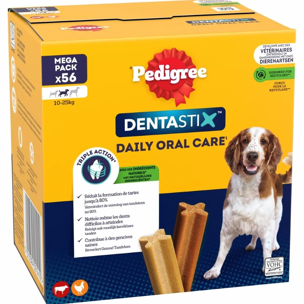 Pedigree DENTASTIX 56 Bâtonnets à Mâcher pour Chien Moyen 10-25kg, 8 Sachets de 7, Poulet et Bœuf, Détartrage Dentaire