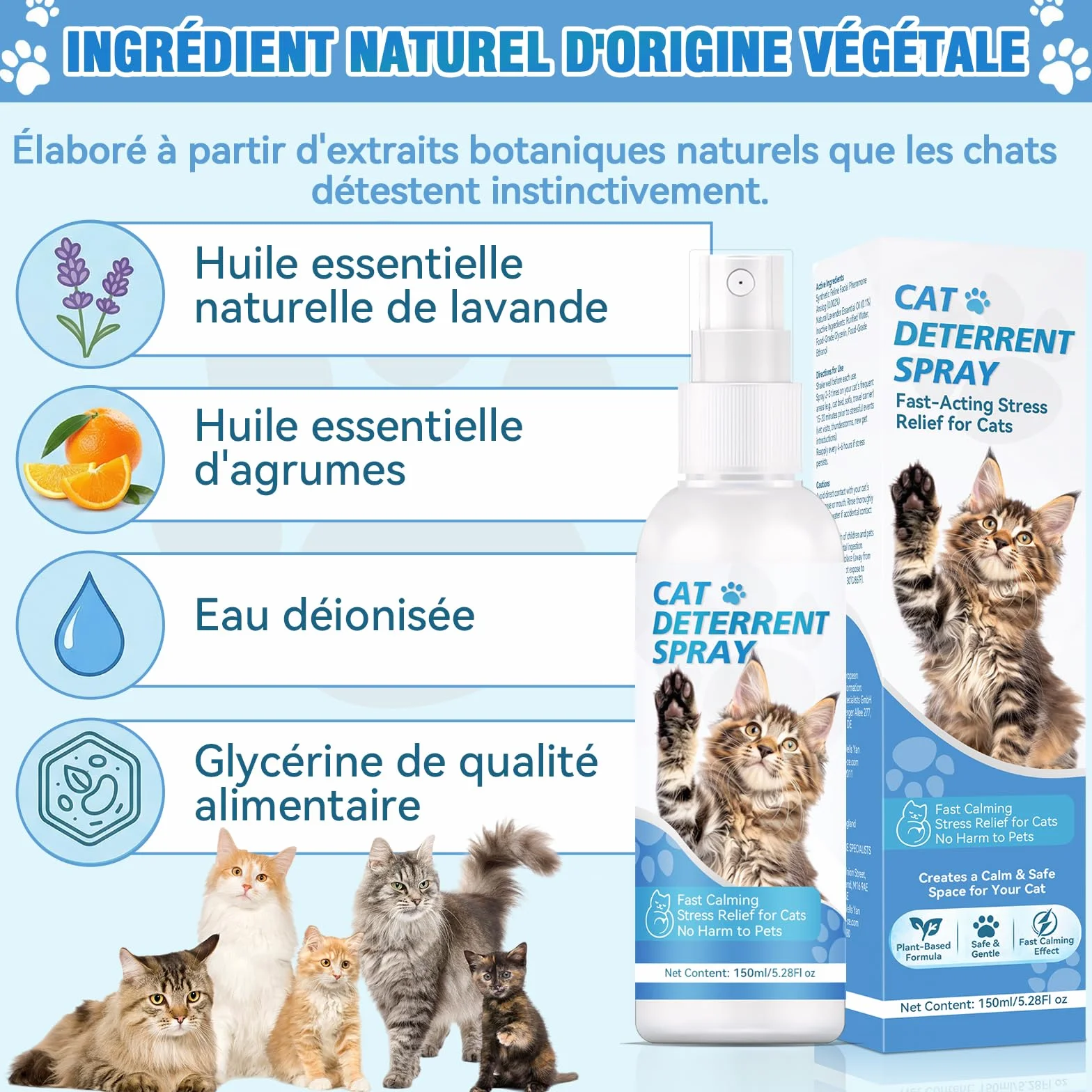 Spray Répulsif pour Chats Naturel, Efficace pour Intérieur et Extérieur, Protège Meubles et Jardin