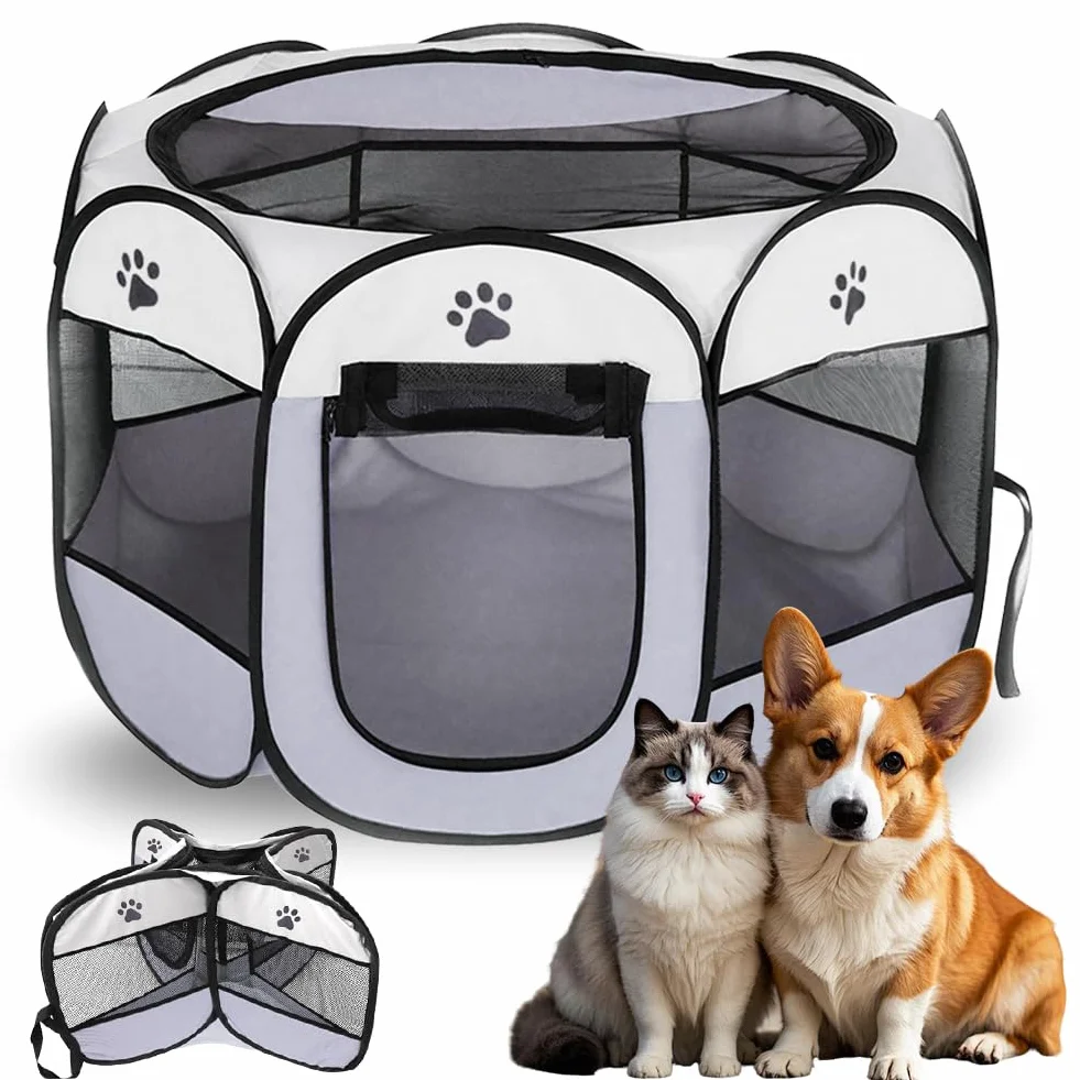 Parc Pliable pour Chiots 74x74x43cm, Enclos Portable pour Petits Animaux Gris