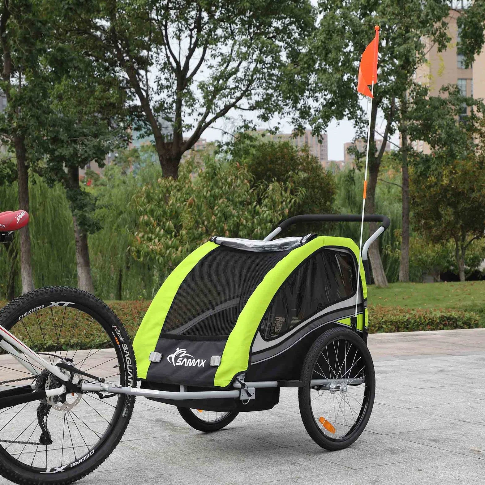 SAMAX Remorque Vélo Convertible Jogger 2en1 360° Rotatif pour 2 Enfants Amortisseur Transport Poussette Vert - Black Edition