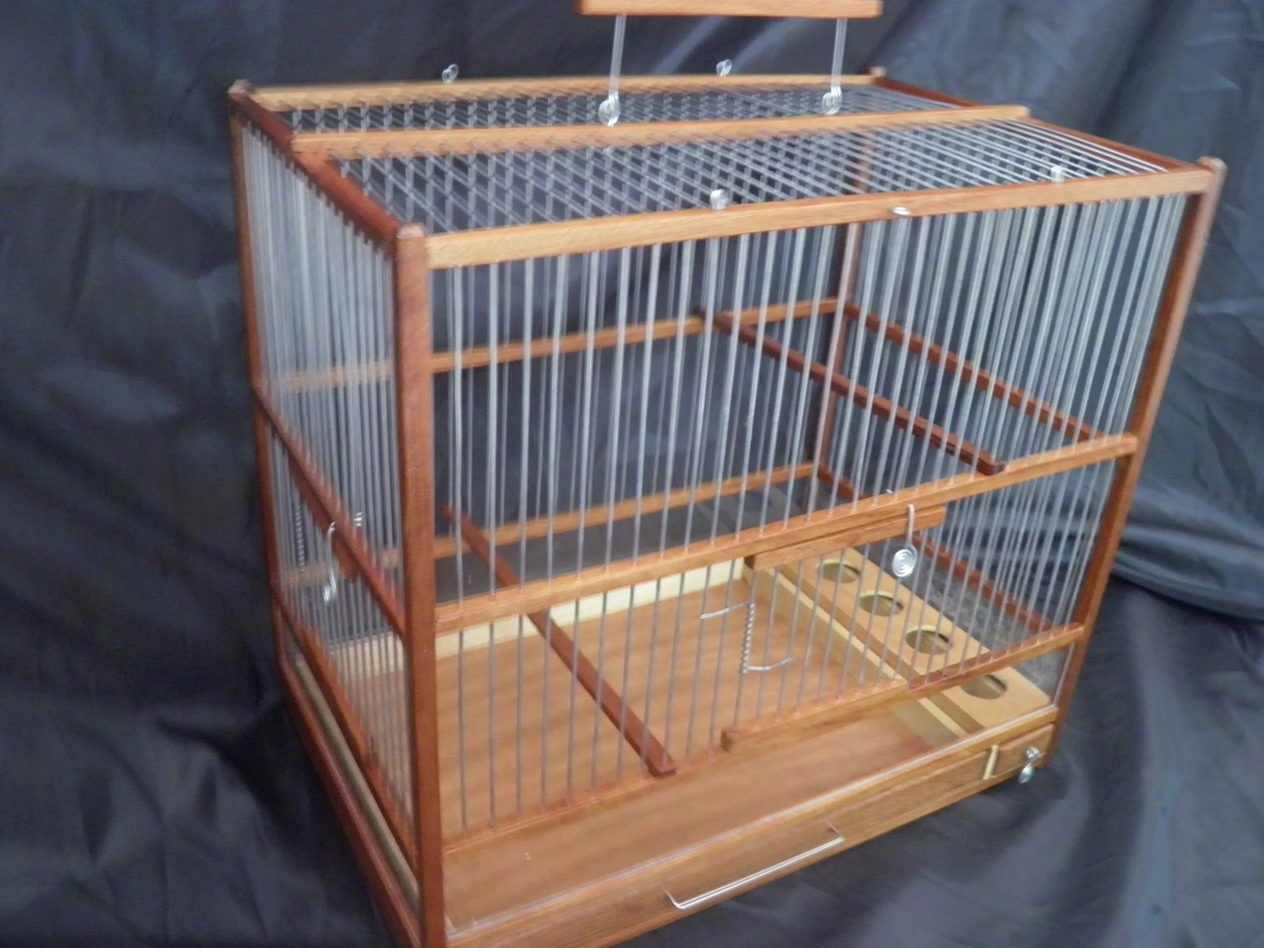 Grande cage à oiseaux en bois fabriquée à la main, plateau coulissant, plexiglas