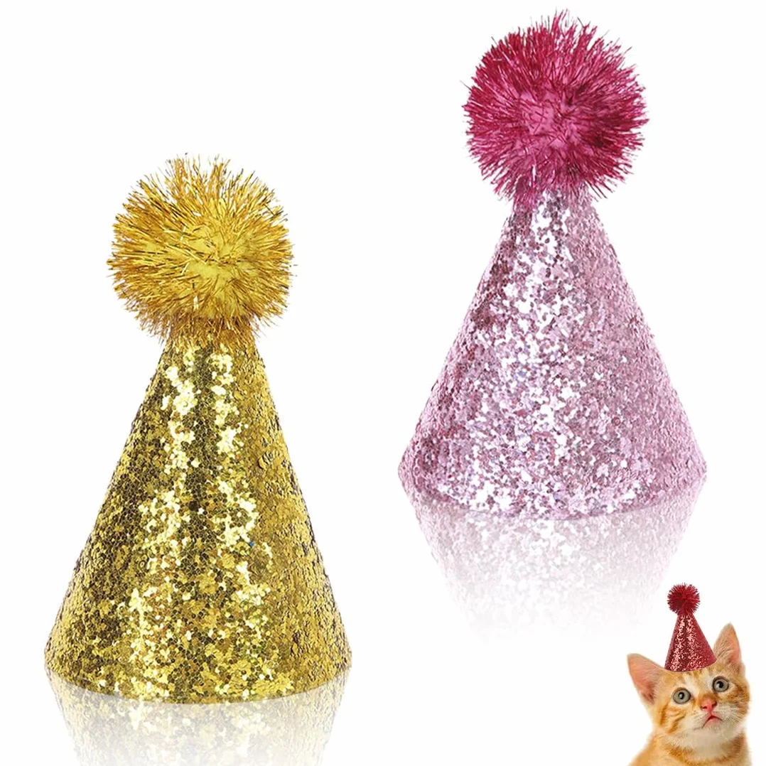 2 Pièces Chapeau D'Anniversaire De Chat, Chapeaux De Fête De Chien Chapeaux De Chats Multicolores Mignon Chiot Chapeau De Fête Avec Pompons Réglable Chapeaux D'Anniversaire De Chien Chapeaux D