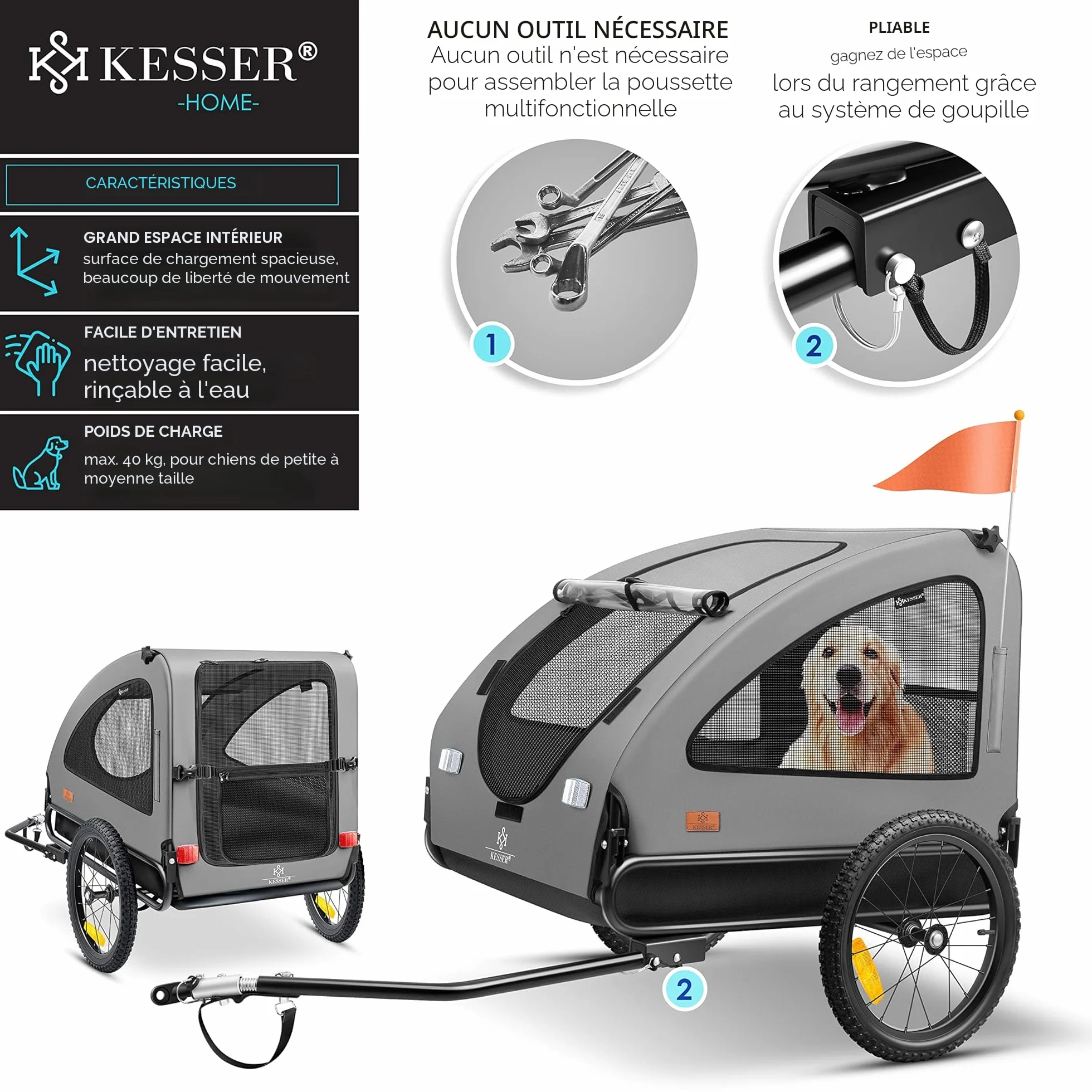 KESSER Chariot pour Chien 2-en-1 Remorque pour Chien Poussette Grand Volume 250 l Pliable Gris Noir