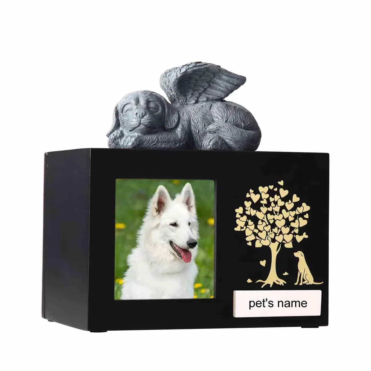 Urne funéraire en bois XLarge pour chien avec cadre photo et doublure flanelle noire