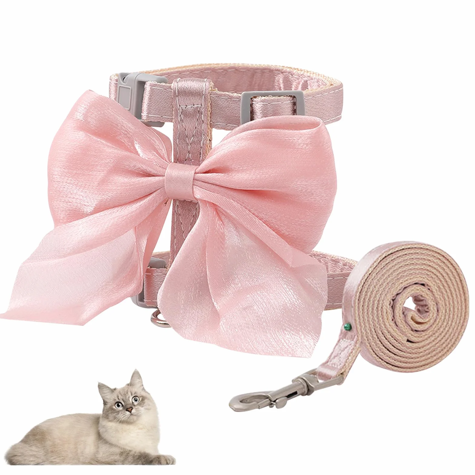 Harnais pour Chat avec Laisse, Réglable, Noeud Rose, pour Chat Chiot Lapin Maine Coon Persan