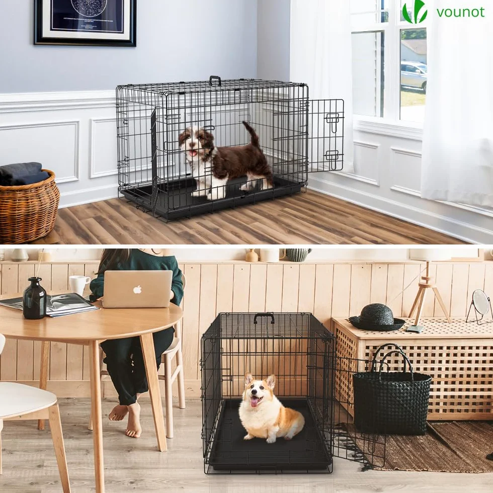 VOUNOT Cage pour Chien Pliable 92x58x64cm Noir avec 2 Portes Verrouillables et Plateau Amovible