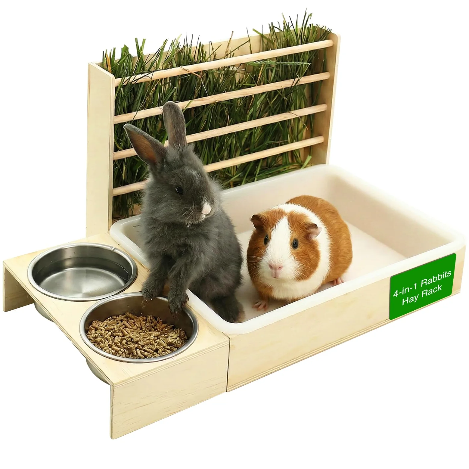 Mangeoire à Foin pour Lapin avec 2 Gamelles, 4 en 1 Couleur Bouleau | Distributeur de Nourriture en Bois, pour Lapins, Cochons d'Inde, Chinchillas, Lapins et Autres Petits Animaux 54x36,5x28 cm