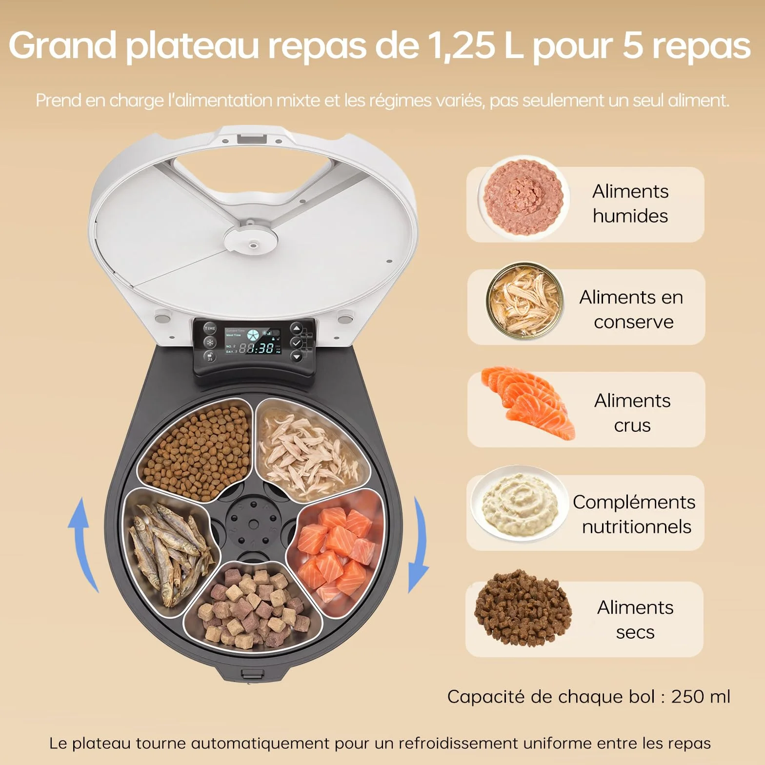 Distributeur Nourriture Humide Chat, 5 Repas Frais, Refroid & Chauff, Bol INOX 304, Automate Programmable