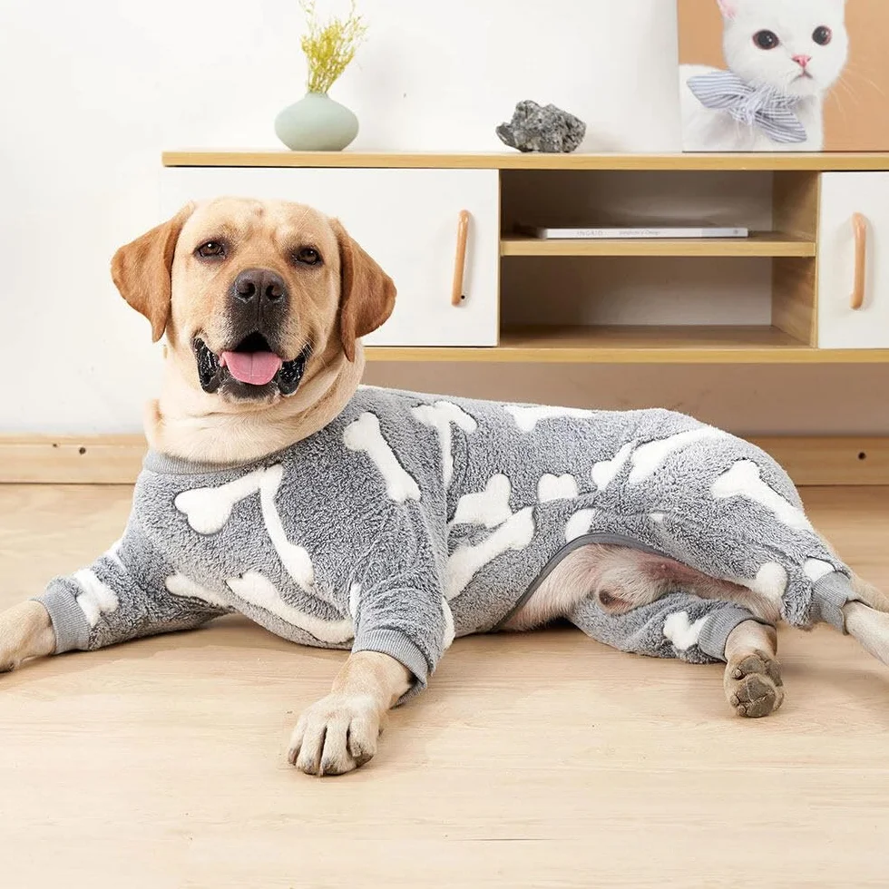 Pyjama Chien en Flanelle pour Petite à Moyenne Taille Combinaison Chirurgicale Anti-fuites Hiver (S, os+Gris)