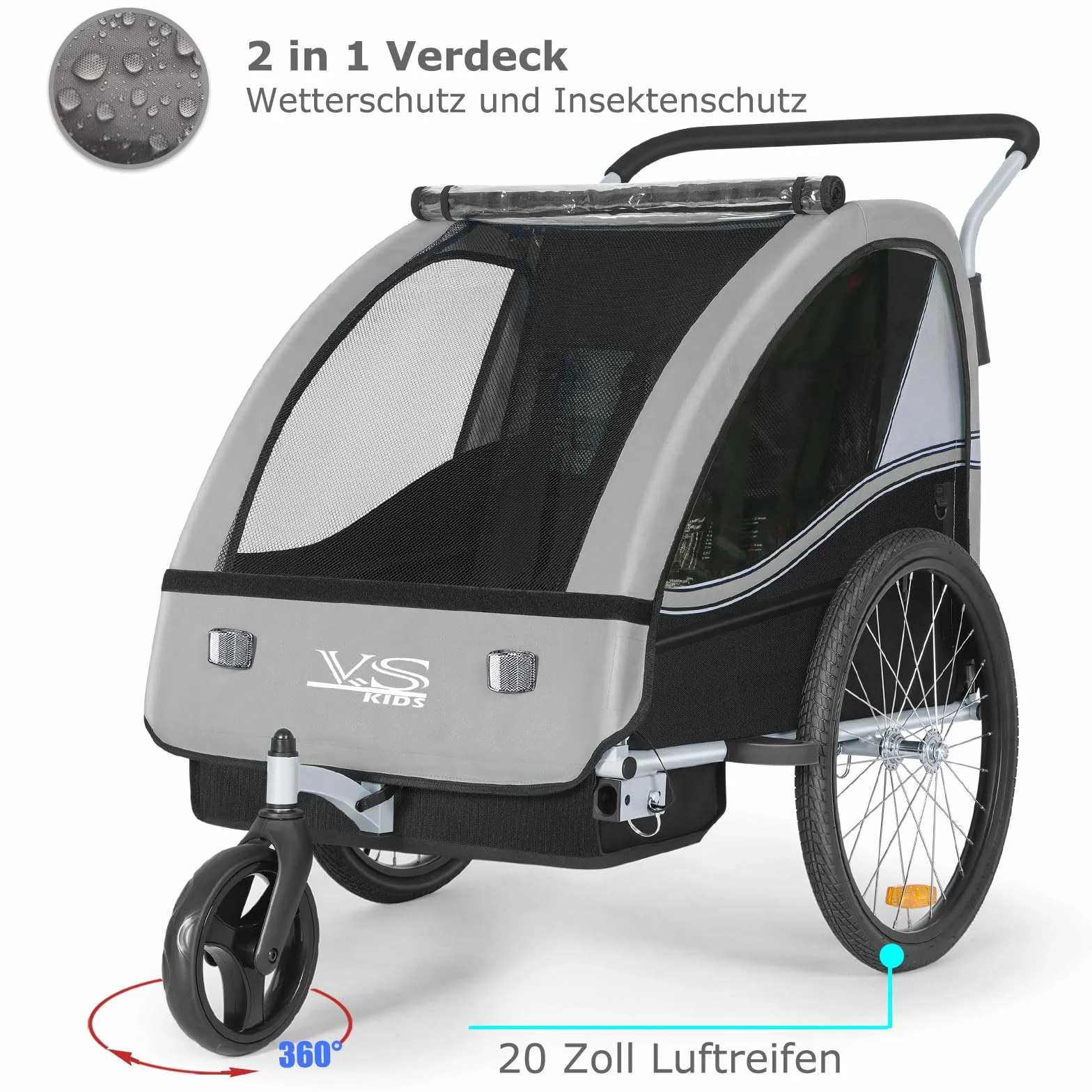 Tiggo Remorque pour Enfants 2 en1 Vélo Poussette Buggy 360° Roue Avant Ceinture Sécurité 5 Points