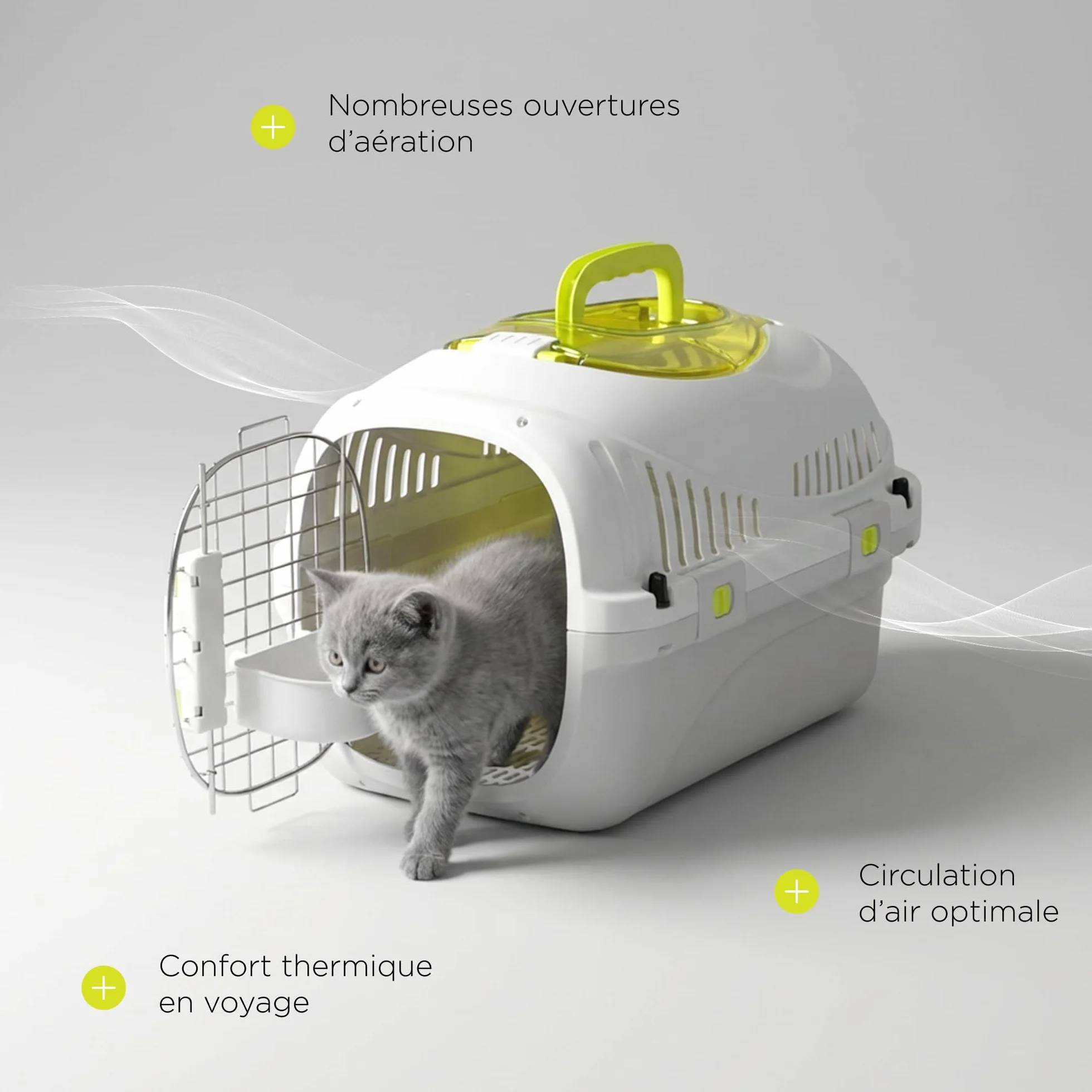Safy Boîte de Transport Rigide pour Chat avec Porte en Métal, Double Sécurité et Ventilation, Rabat de Visualisation Supérieur, Poignée Escamotable, Grille Amovible