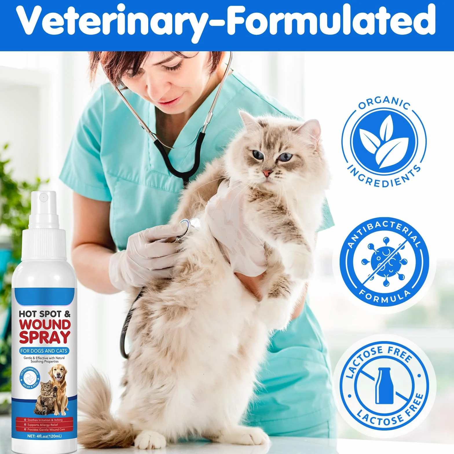 Spray Vétérinaire pour Plaies Chiens Chats 120ml Anti-Démangeaisons Anti-Inflammatoire