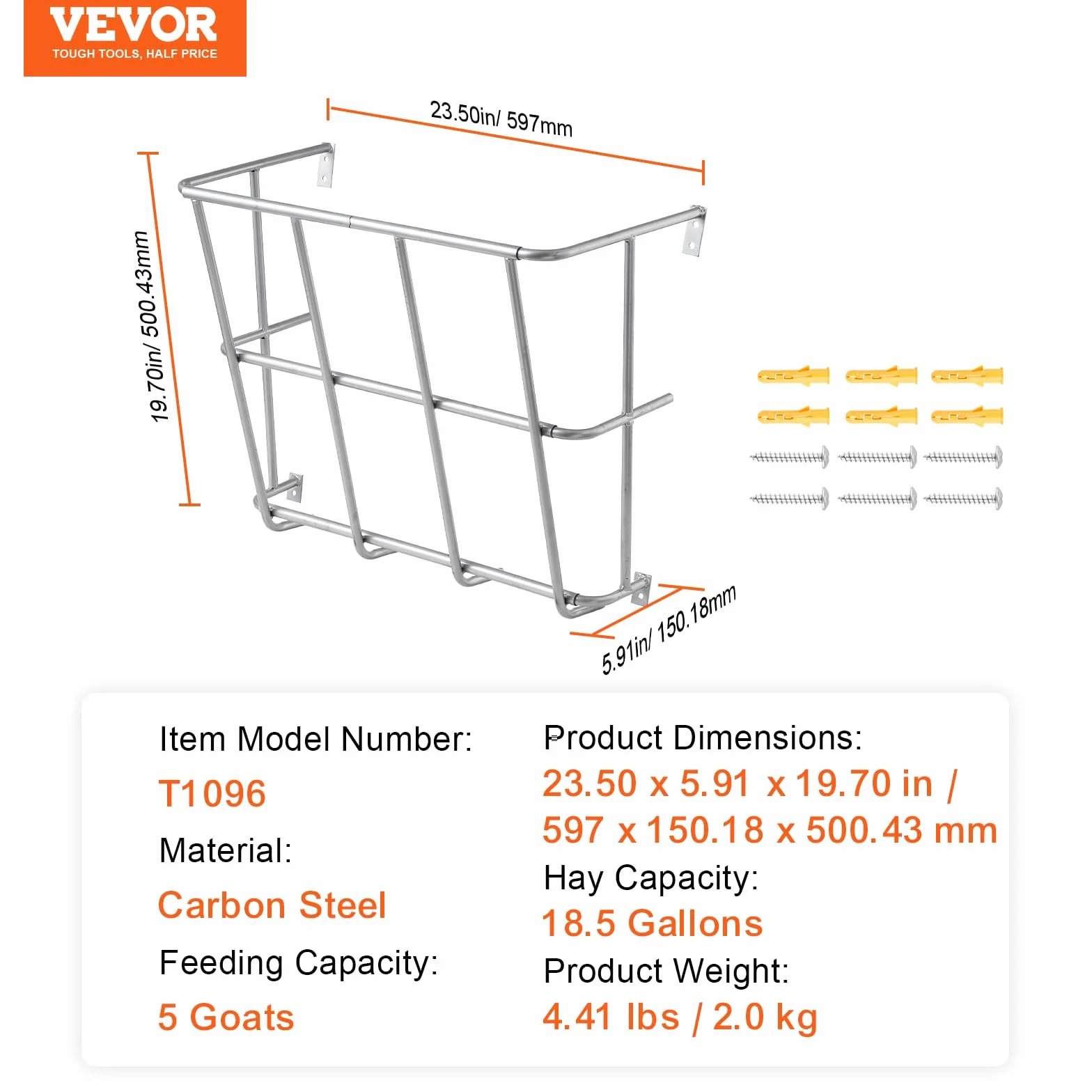 VEVOR Mangeoire à Foin pour bétail, Grande capacité 84 L, Râtelier en Acier Robuste, Support Mural 597 mm