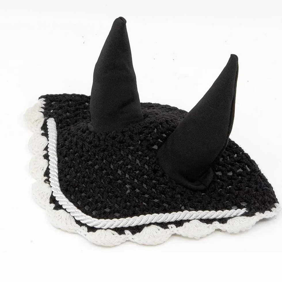 Ensemble d'accessoires Noir et Blanc pour Hobby Horse : Licol moumoute Noir avec Longe + Couverture Noire + Bonnet Anti-Mouches