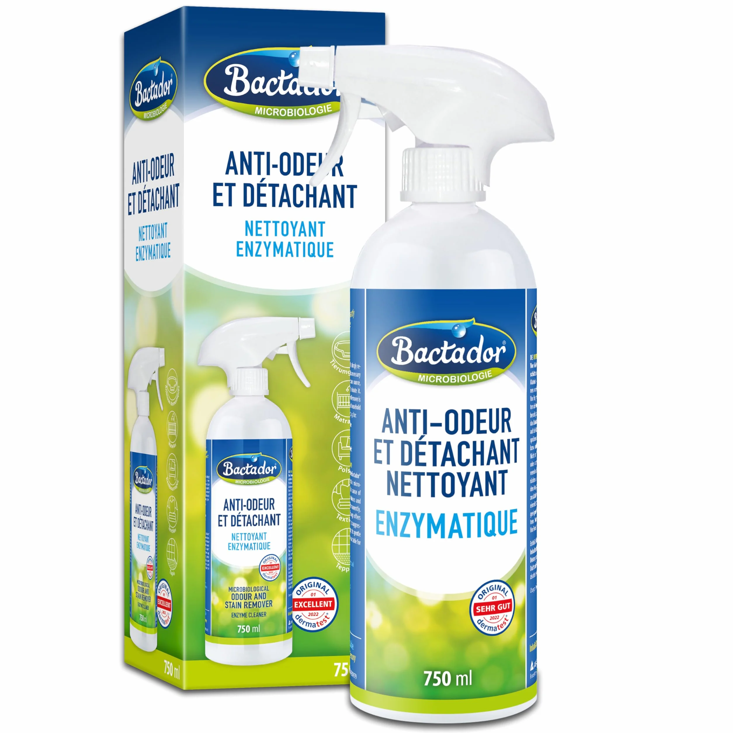 Bactador Anti-Odeur Et Détachant Microbiologique 750 ml Spray Neutralisateur D'Odeurs Nettoyant Enzymatique
