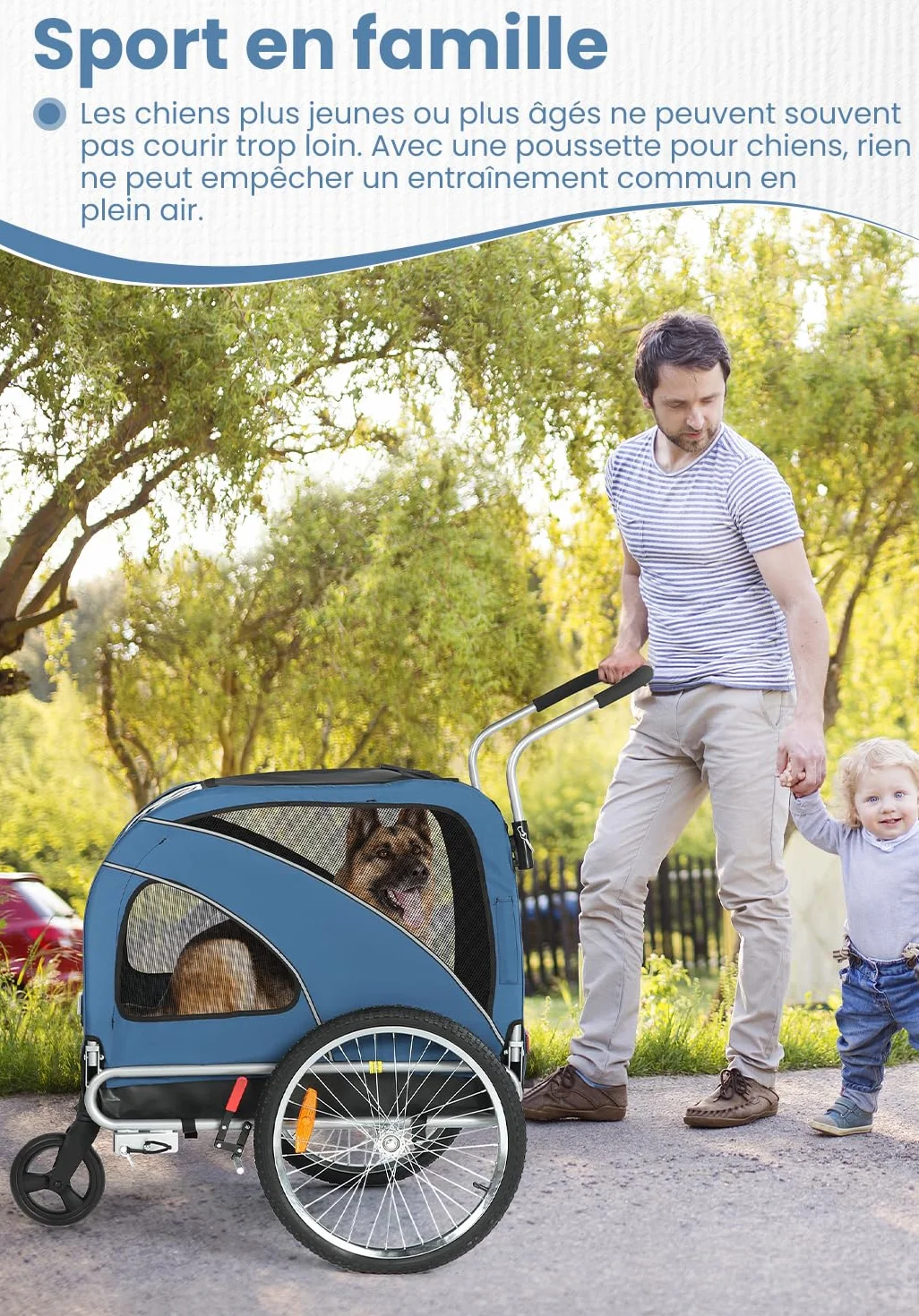 SEPNINE Remorque Vélo Chiens XL, Remorque 2 en 1 Pliable avec Frein de Stationnement, Charge Max 40 kg, Bleu